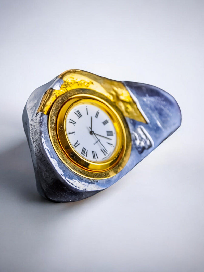 Brutalist Clock by Art3, Spain, 1980s — close-up of textured metal and gold accents