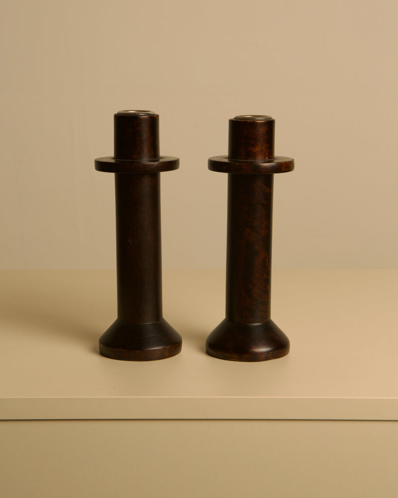 Pair of Italian Wooden Candlesticks from the 80s by Treaptyque | The Oblist — handcrafted dark wood finish