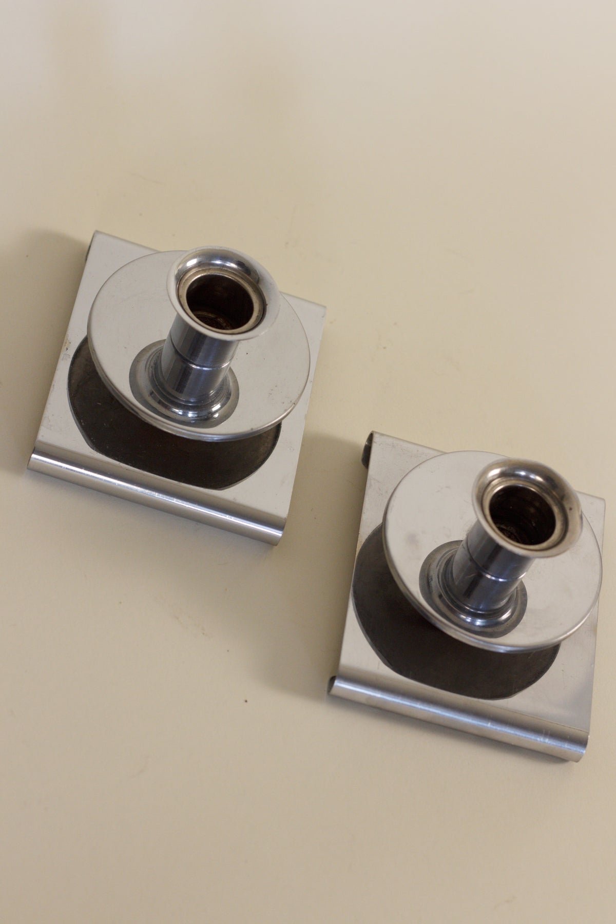 Pair of Art Deco Chrome Candlesticks — detail view