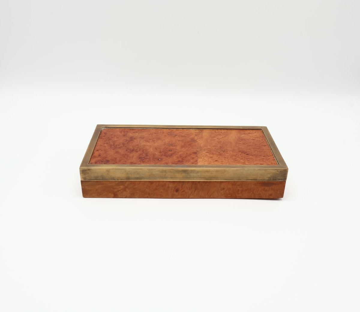 Italian 1970s Burl Wood and Brass Decorative Box — side angle