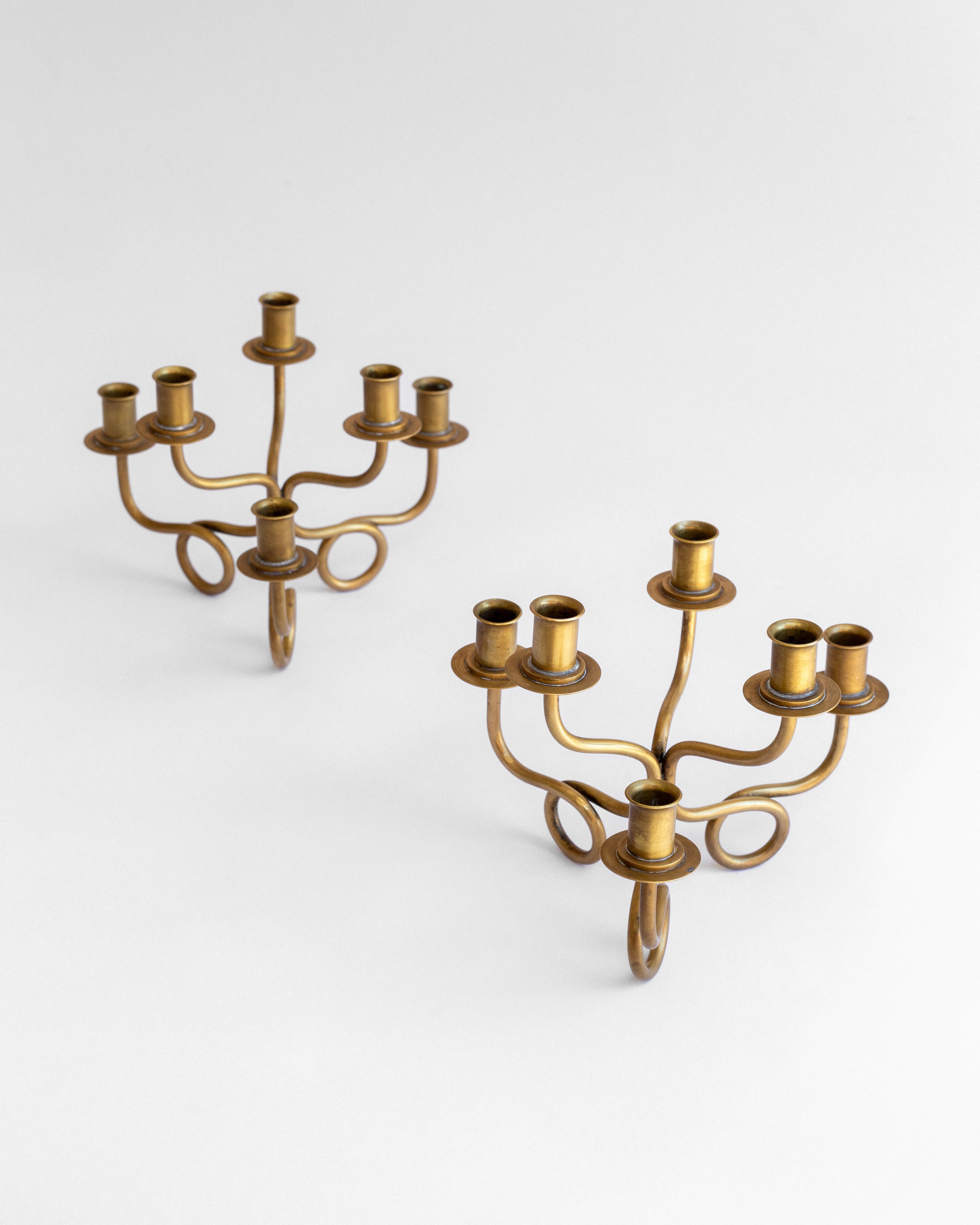 Pair of Brass Candelabra by Josef Frank, Sweden, 1940s — close-up