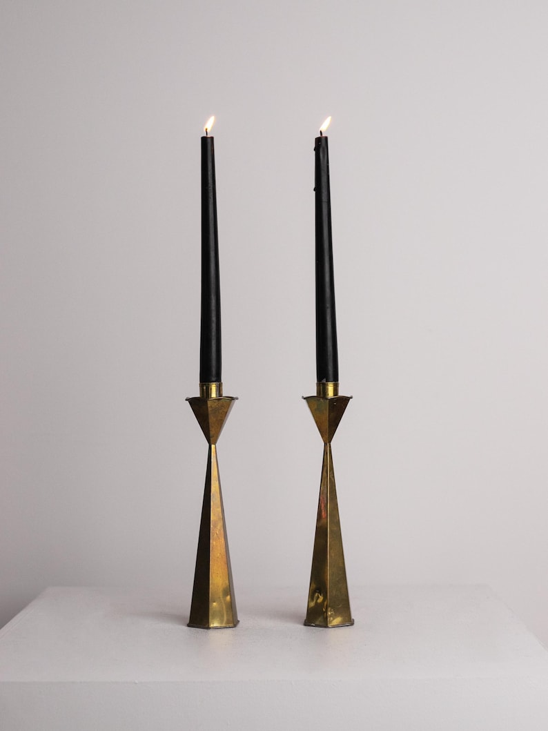 Hexagonal Brass Candlesticks Tall Pair, Hourglass Taper Holders 1960s by Studio Ecubed | The Oblist