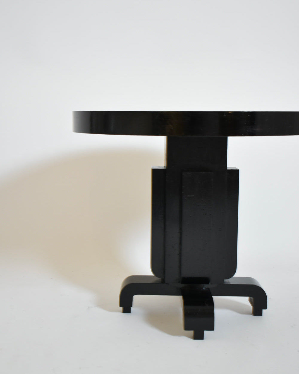 Round Ebonised Art Deco Geometric Side Table, 1930s — angled view highlighting black finish and geometric base