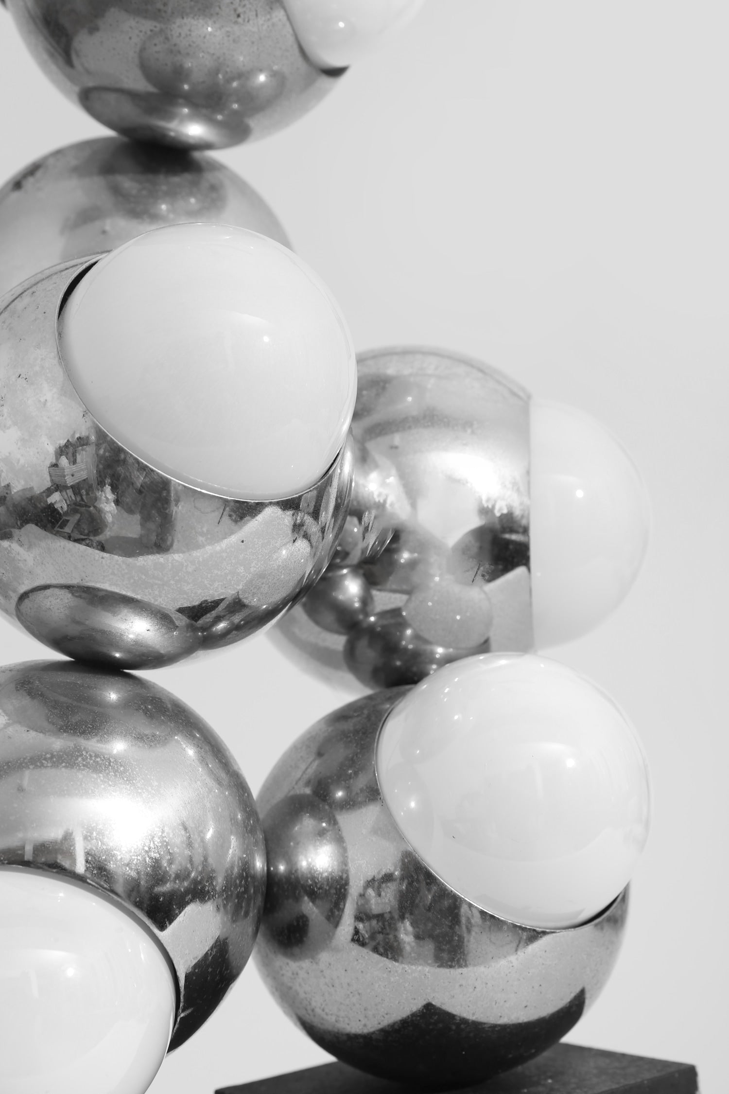 Robert Sonneman Molecule Table Lamp — side angle showing chrome and white globes