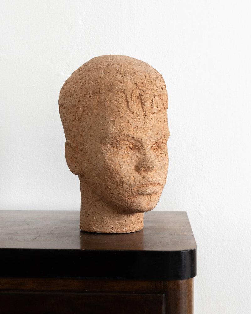 Mid Century Terracotta Sculpture by Birgit Wiberg-Stefelt, Sweden, 1950s — close-up of textured terracotta head sculpture