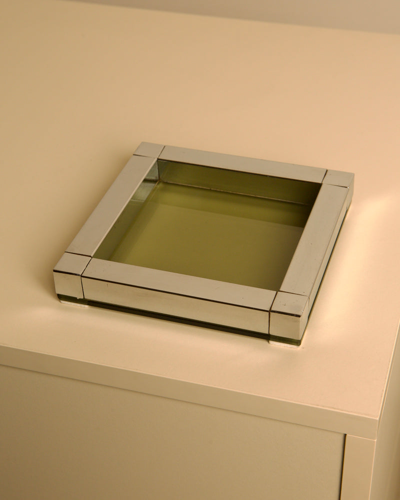 Vintage square Italian trinket tray in metal and green glass, 1970s