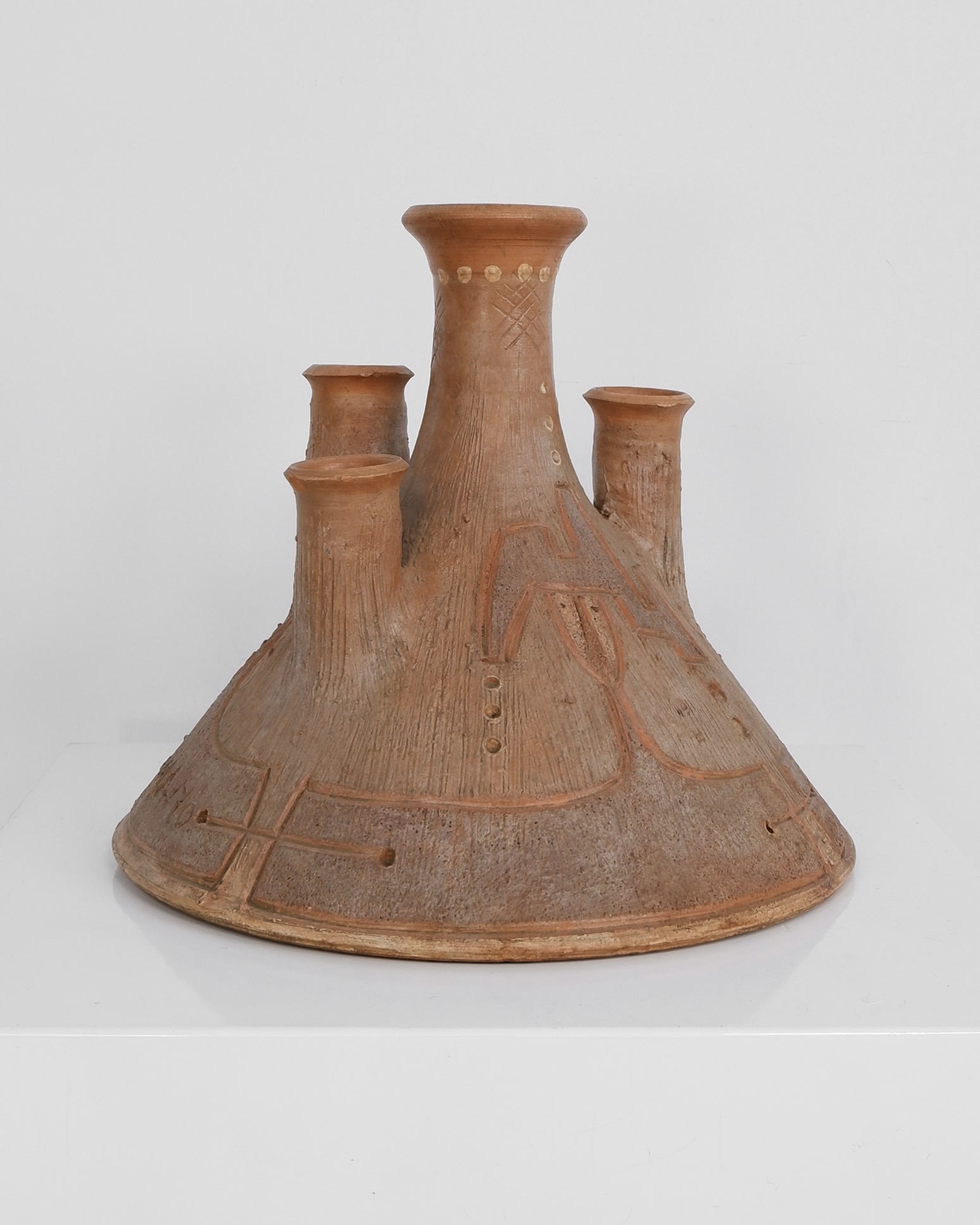 Vintage ceramic candelabra with five spouts and geometric patterns