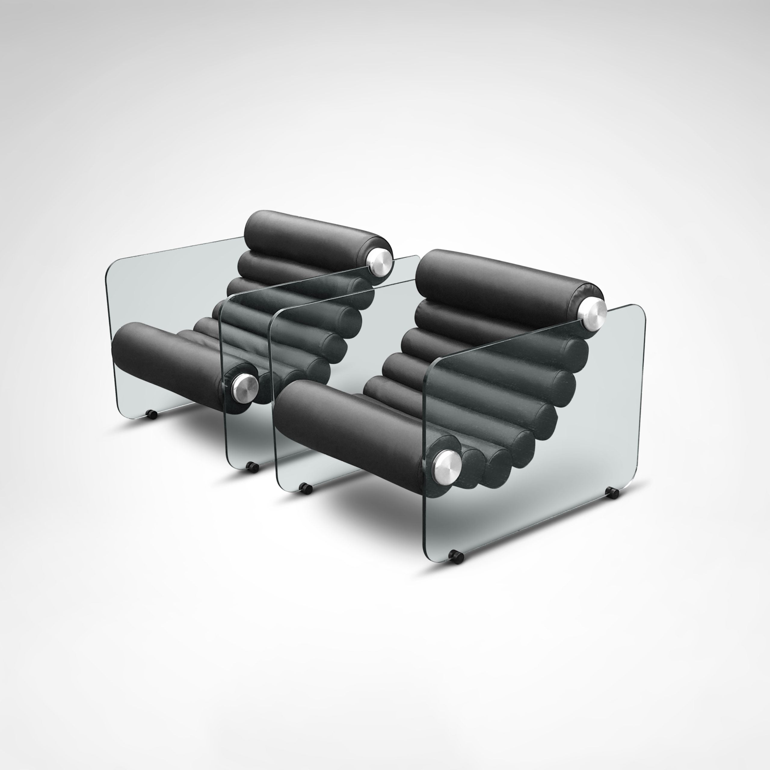 Hyaline leather and glass armchair by Fabio Lenci for Comfortline Italy 1960s, set of 2 — detail of leather rolls and glass f