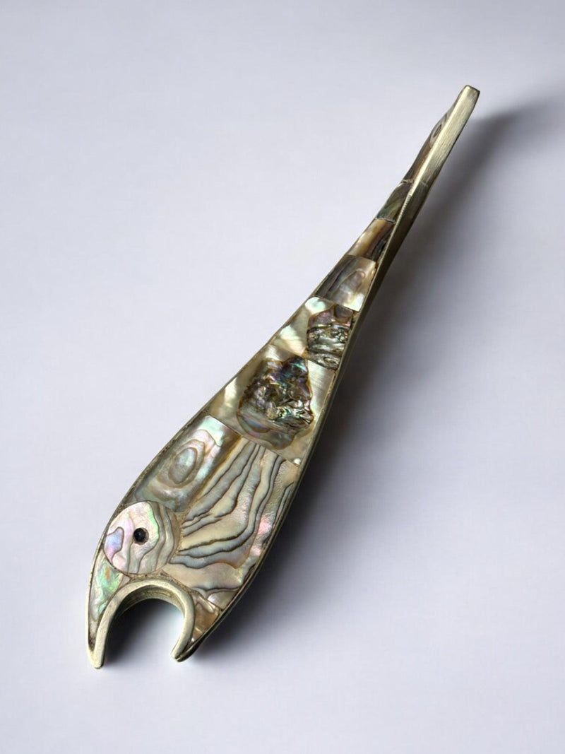Fish Bottle Opener, Abalone shell & Alpaca, Mexico, circa 1980 — close-up showing iridescent shell detail