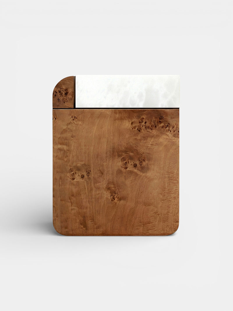 Amo Burl Wood and White Onyx Side Table by Marbera | The Oblist — handcrafted wood and stone