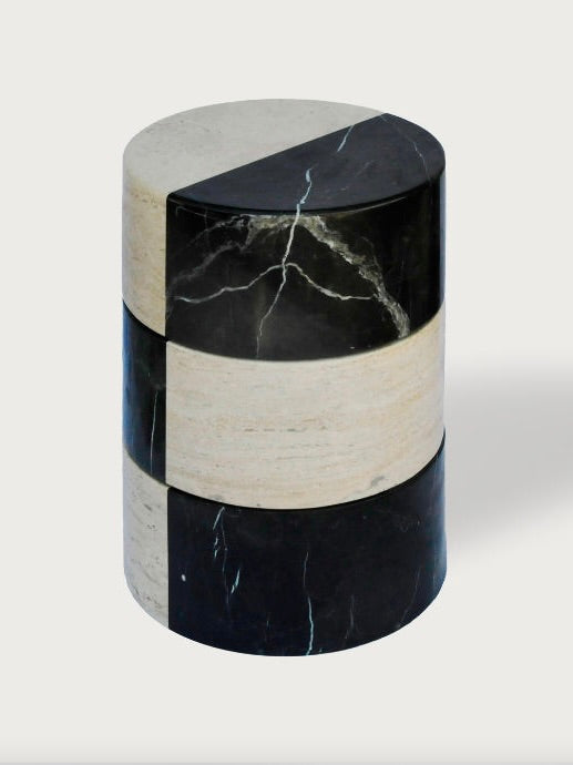 Umbral' Marble Side Table — close-up of black and cream marble sections