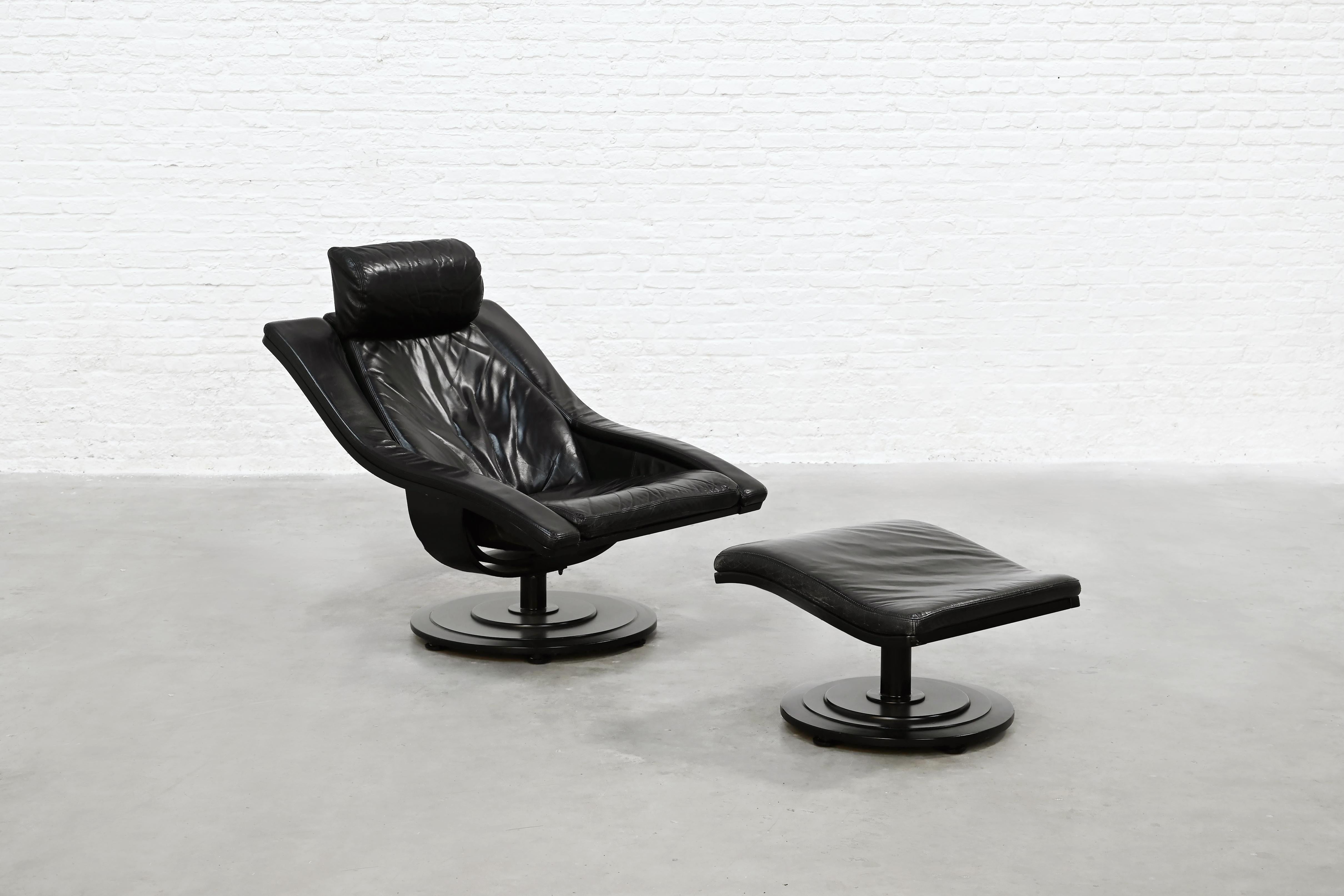Swivel Lounge Chair and Ottoman by Takashi Okamura for Nelo Möbel Sweden — close-up of black leather upholstery