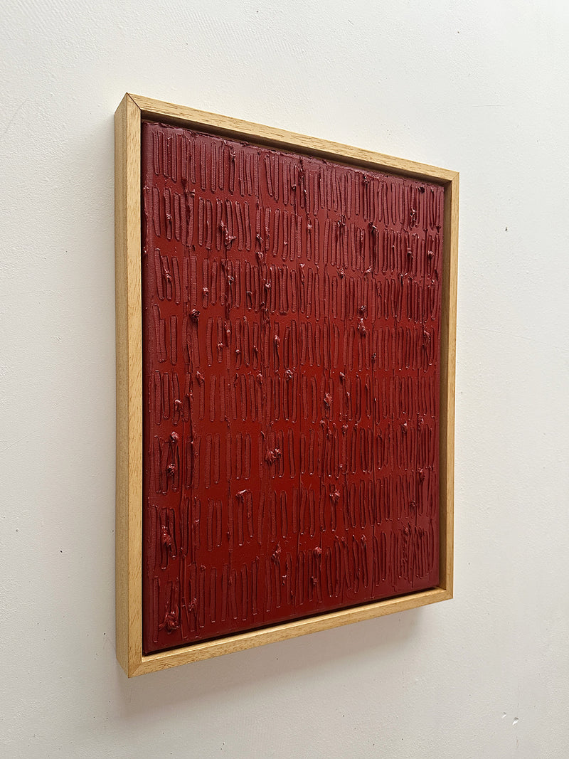 Indian red textured painting with vertical brushstrokes by Roi Elmaliah