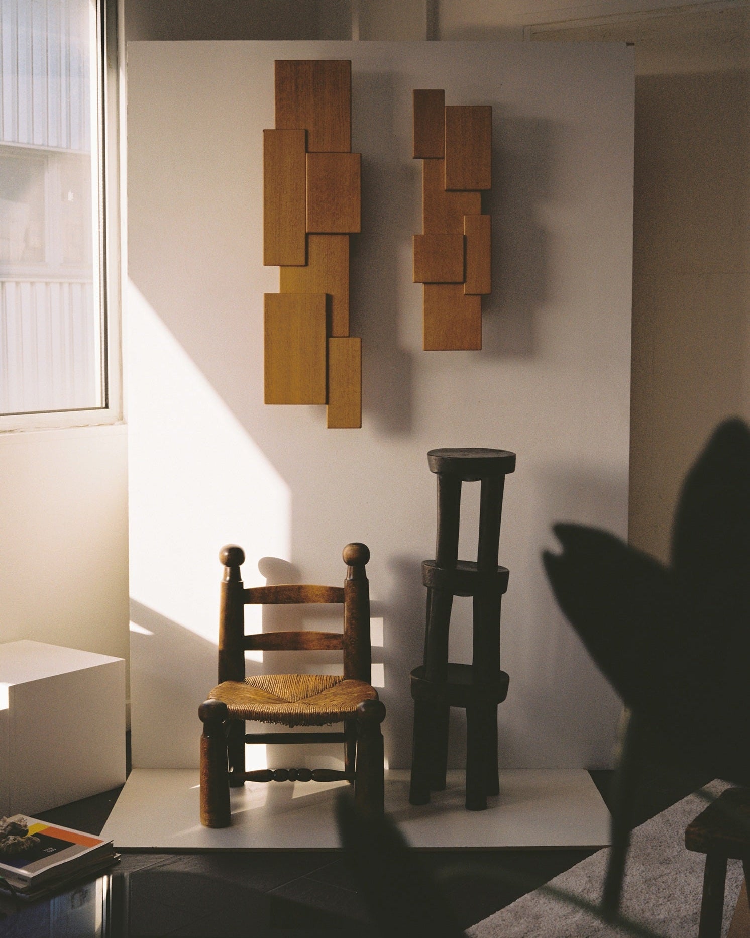 Vintage Set of Two French Oak Wood Sculptural Lamps Wall Lights C. 1980
