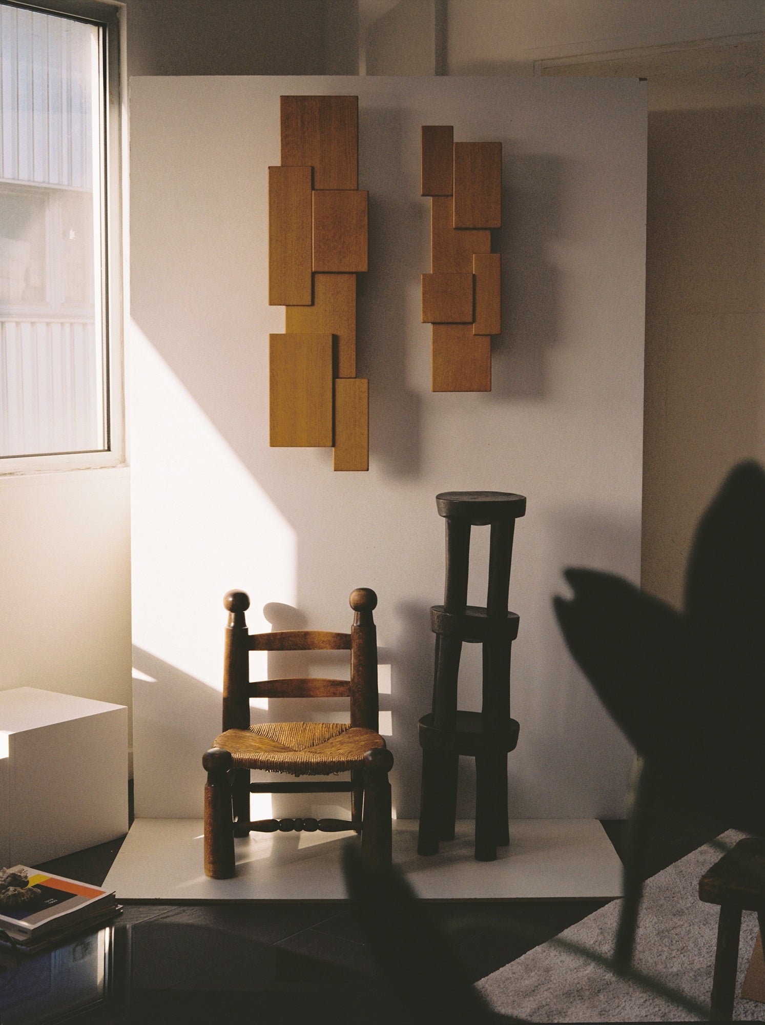 Vintage Set of Two French Oak Wood Sculptural Lamps Wall Lights C. 1980