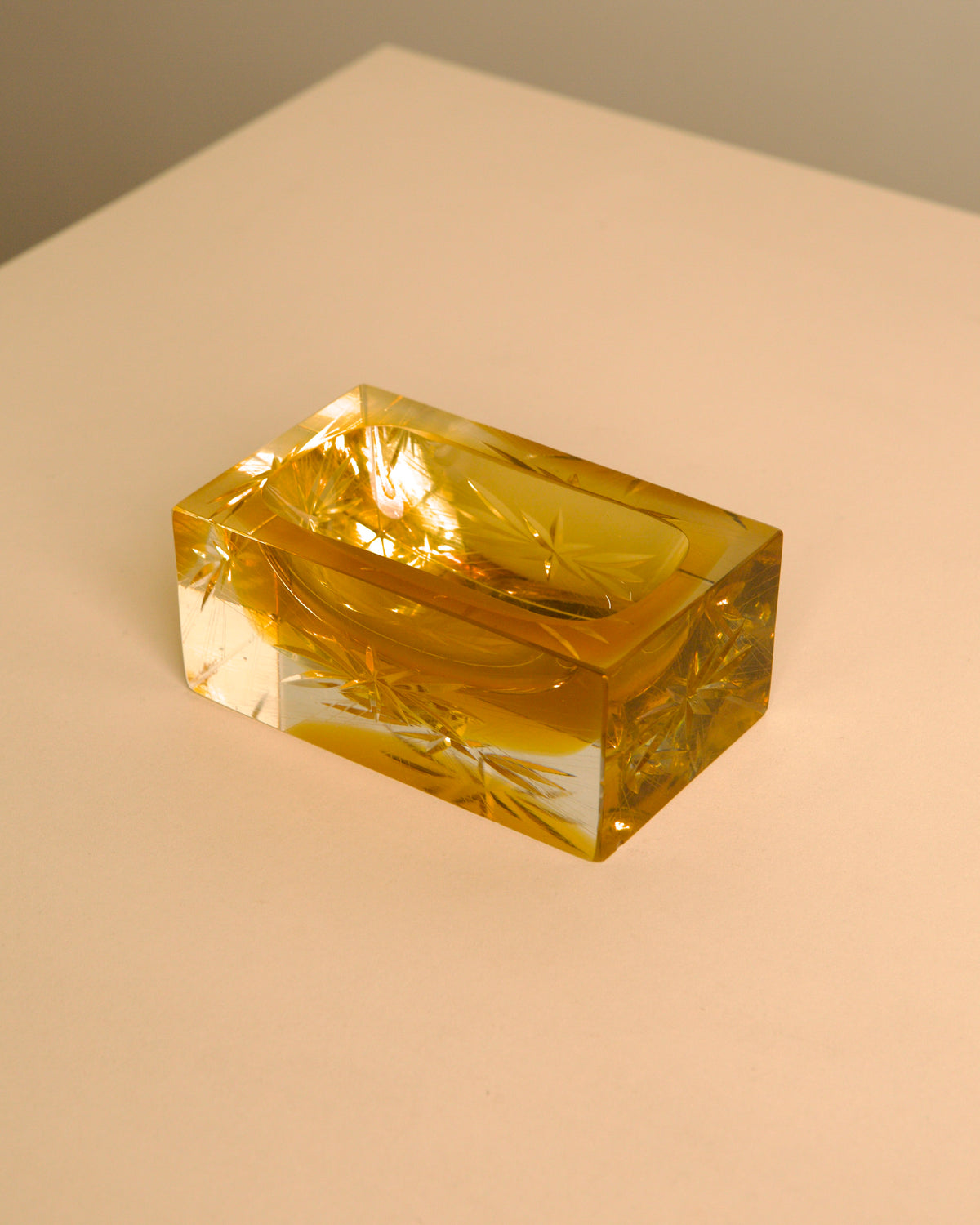 “Bloc” amber Murano glass catch-all by Flavio Poli for Seguso, 1980s — side angle