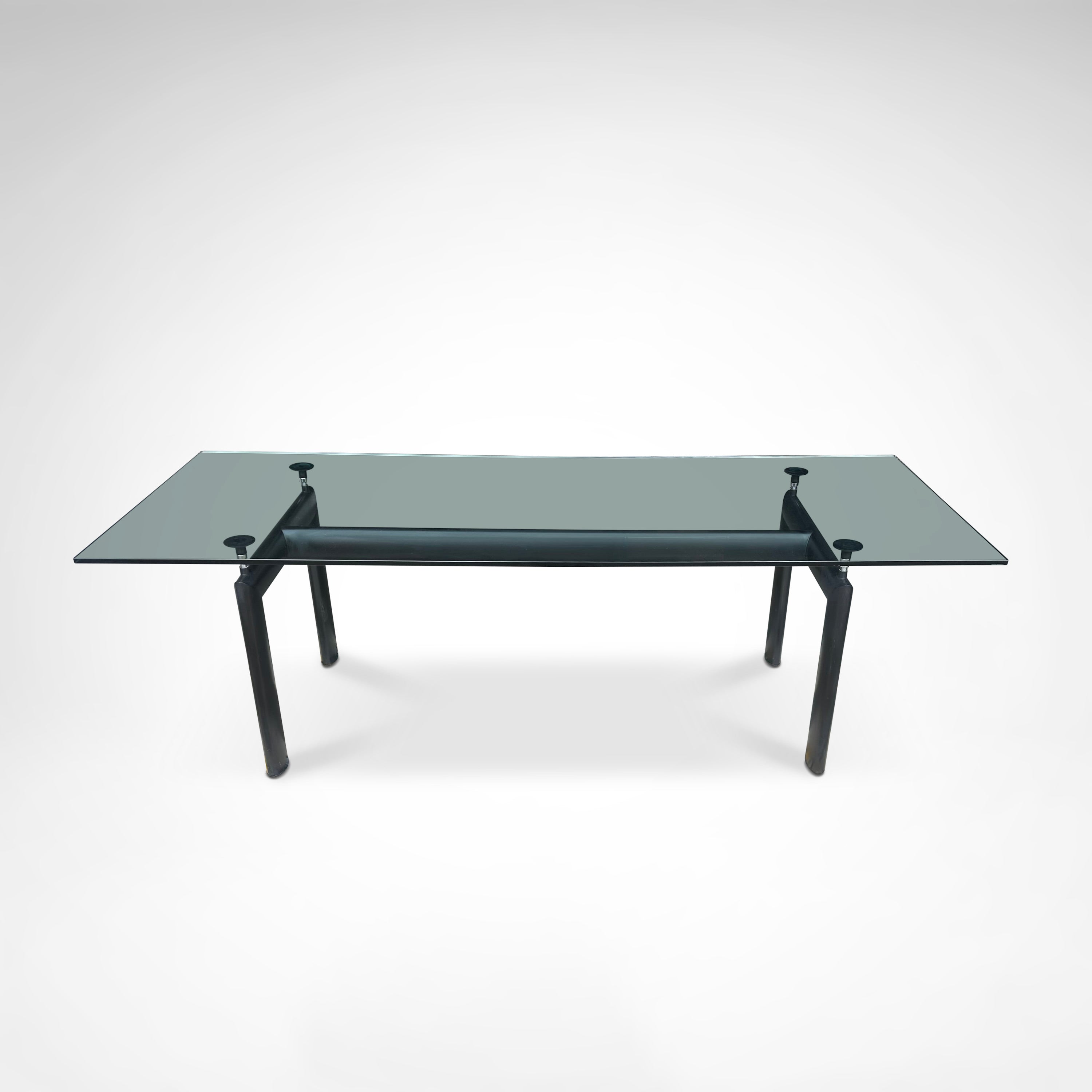 LC6 Dining Table by Le Corbusier et al. for Cassina 1990s — top view with glass surface and black legs