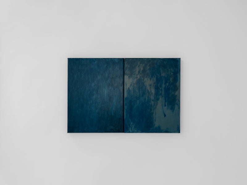 Oil painting by Aimée Adriaansen, A Glance (2025) | The Oblist — deep blue tones