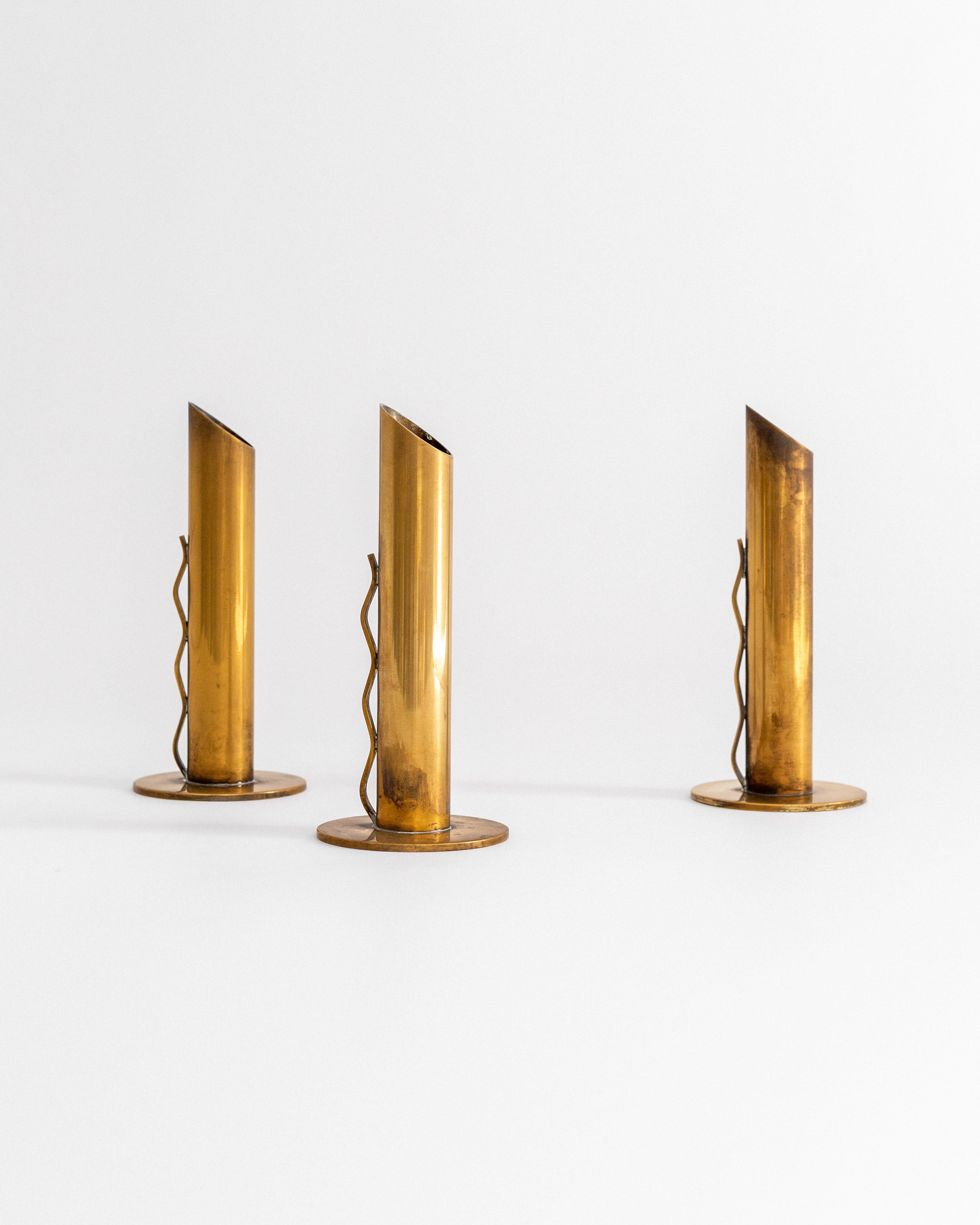 Trio of Mid-Century Patinated Brass Vases, Sweden — detail view