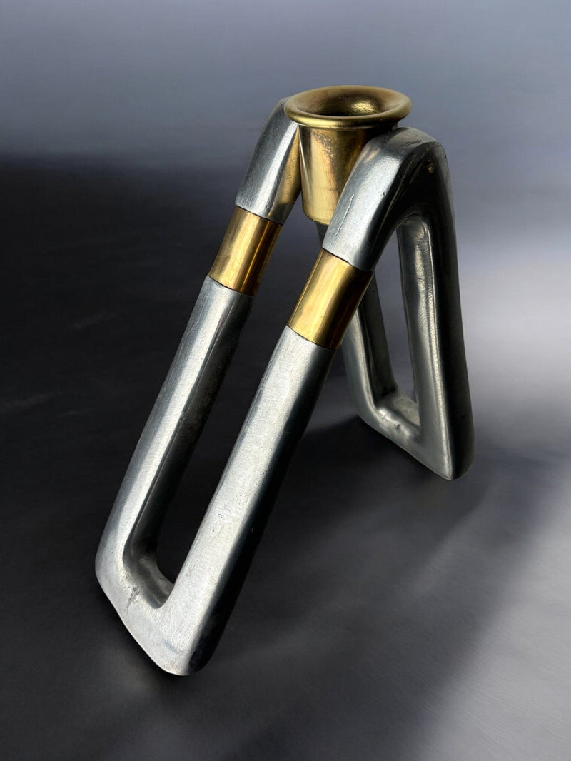 Brutalist Candleholder by Ardisur, bronze & Aluminium, Spain, 1970s — close-up of metallic structure with gold accents