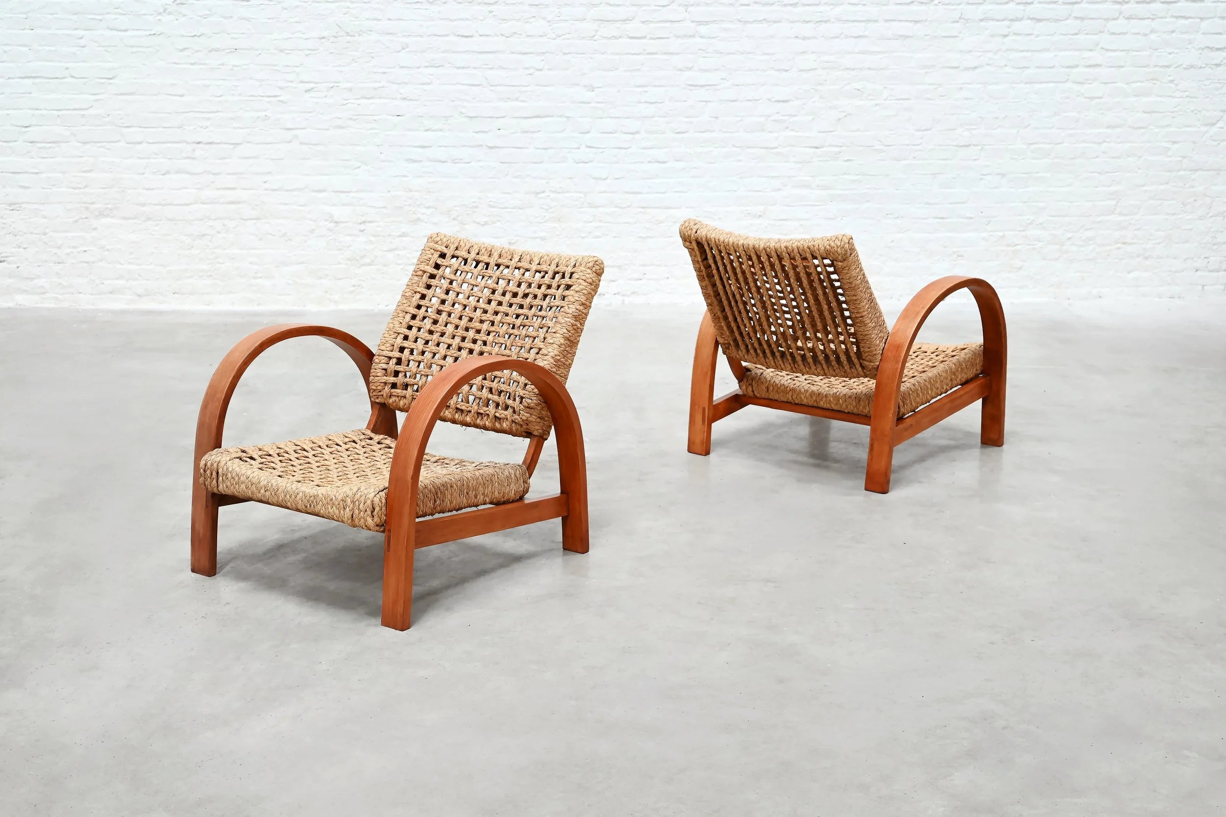 Pair of Rope Easy Chairs, France 1940's — side angle showing woven seats and wooden frames
