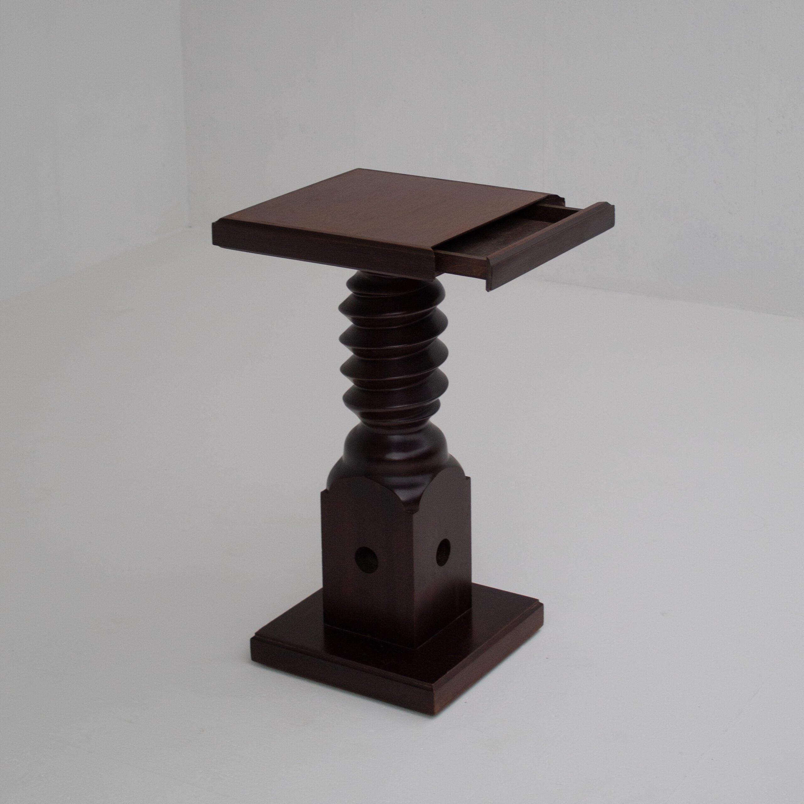 Vintage Wooden Pedestal Set in Stained Oak — close-up