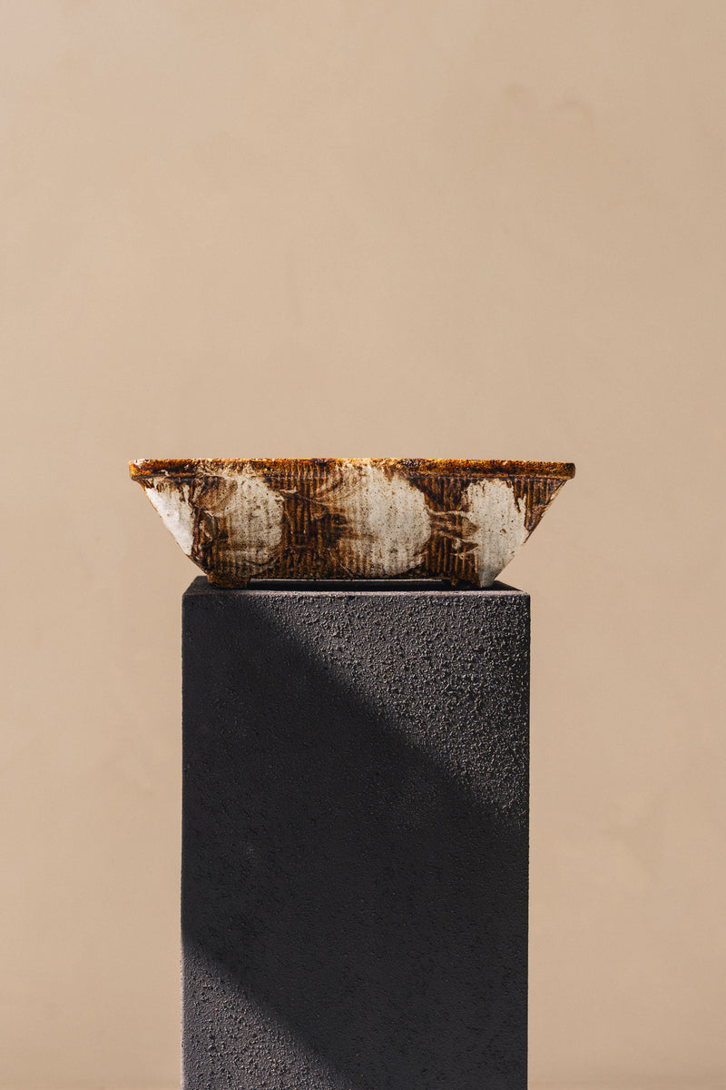 Vintage ceramic planter with rust patina on black pedestal, 1970s