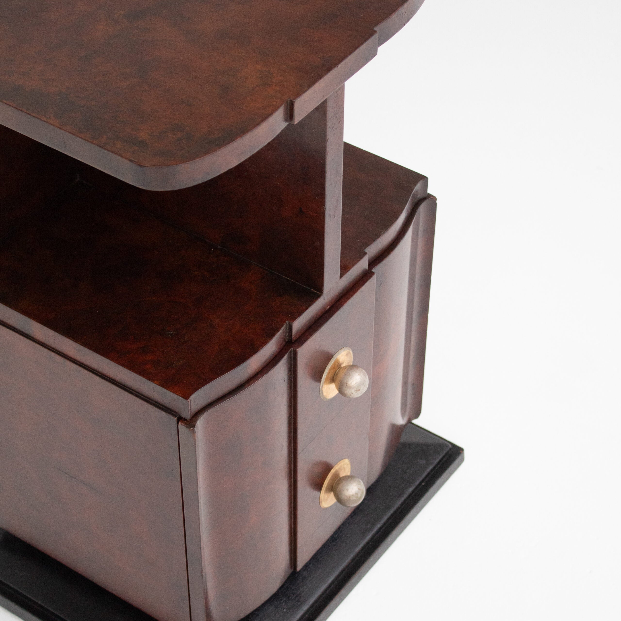 Art Deco Bedside Cabinet in Burr Walnut with Brass Hardware — close-up