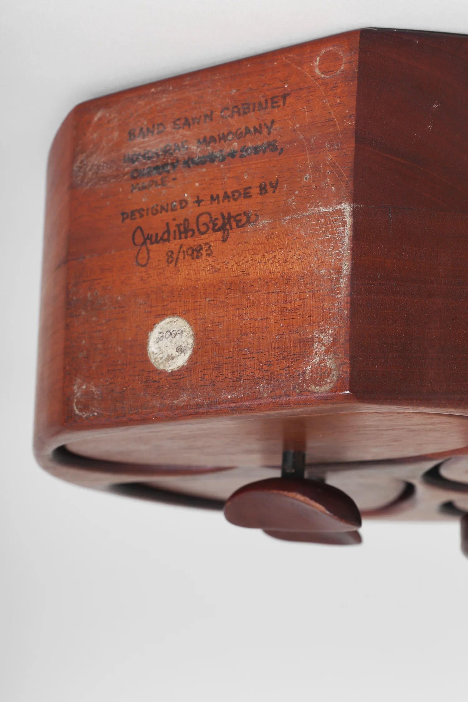 Mahogany Handmade Jewelry Box, Signed — back view showing maker's signature and details