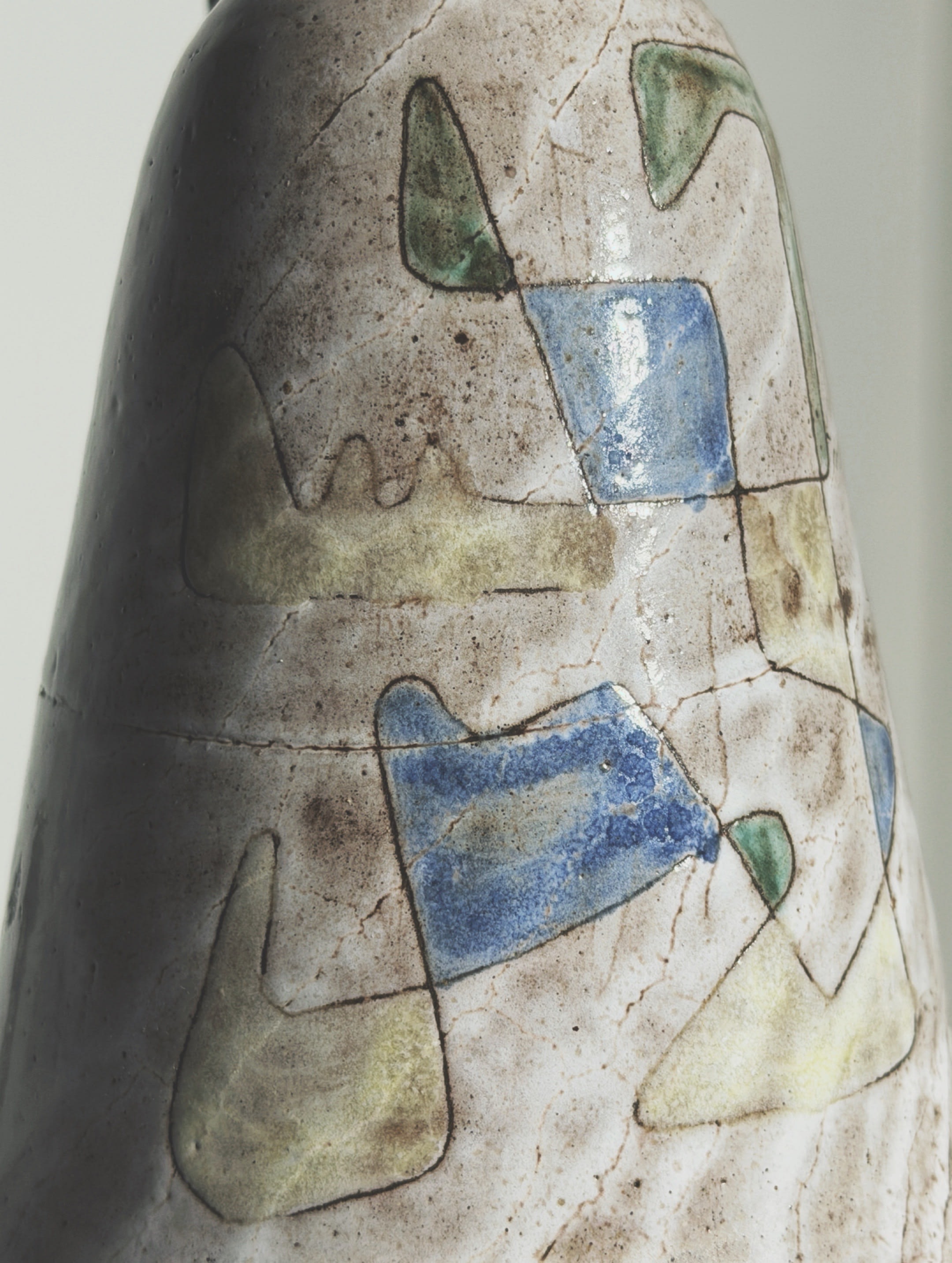 Ceramic pitcher by Jean Rivier, Vallauris, circa 1960 — close-up of textured ceramic surface with colorful patterns