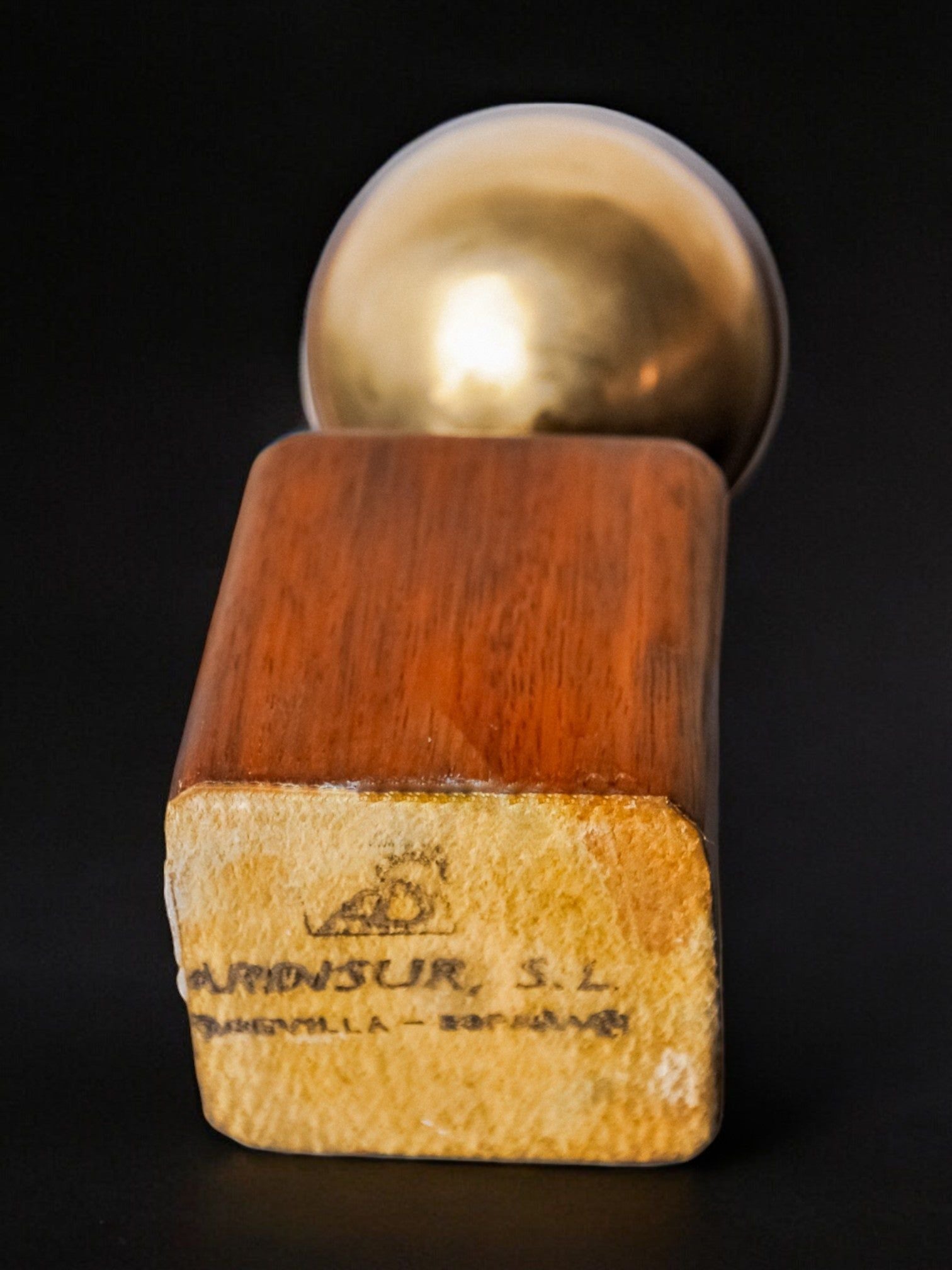 Brutalist sculpture by Ardisur, paperweight, wood and bronze, Spain 1970 — rear view highlighting wooden base and bronze sphe