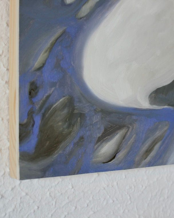Abstract night seascape painting with blue swirls and white moon
