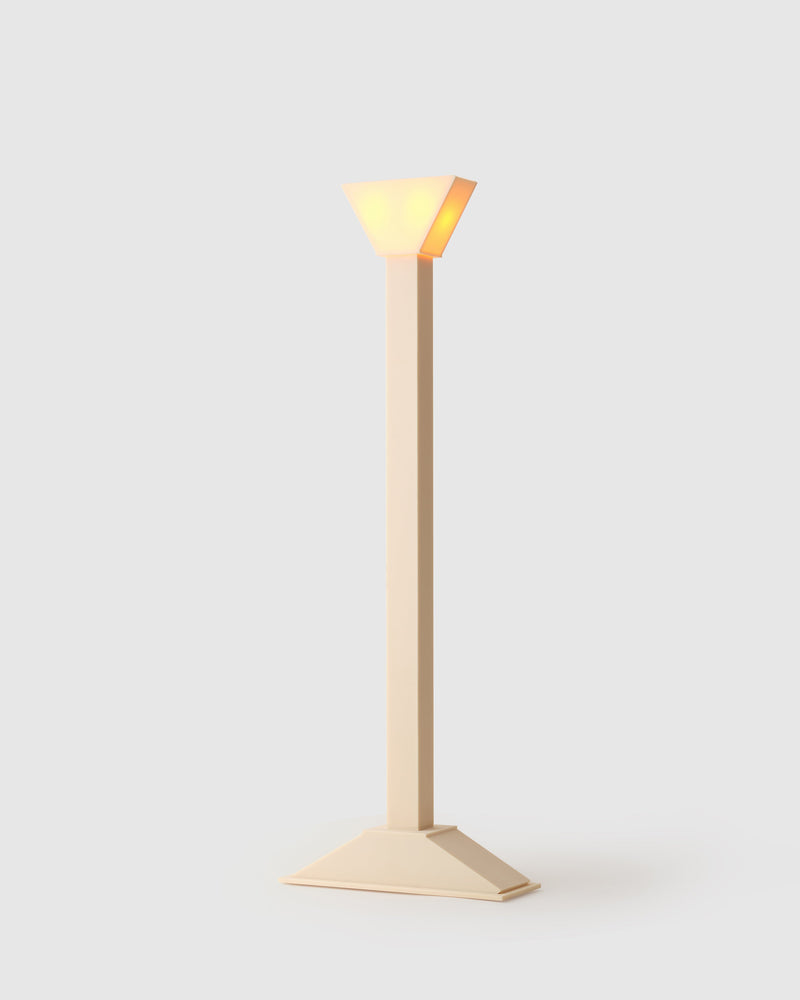 Radiant Abs minimalist wooden floor lamp with triangular shade
