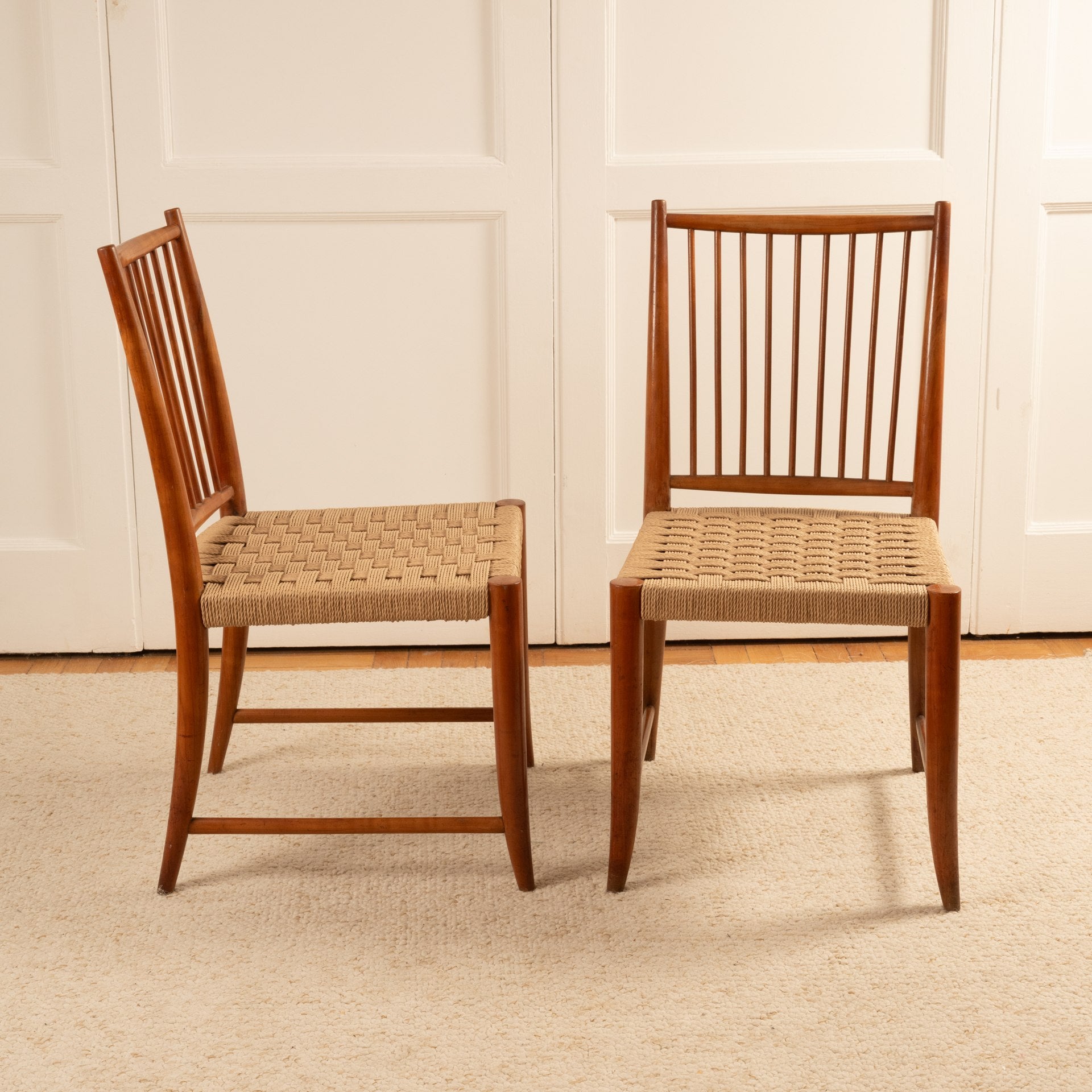 Pair of Paolo Buffa chairs with woven rush seats and spindle backs