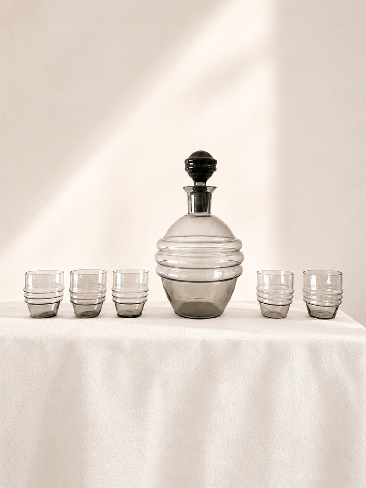 Art Deco Smoked Glass Decanter & Five Tumblers - 1930s by Dodo Vintage | The Oblist