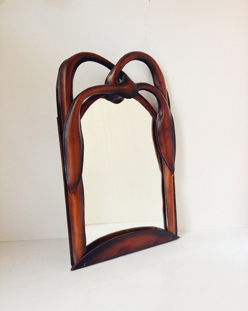 Leather knotted frame mirror with curved art nouveau design Poland