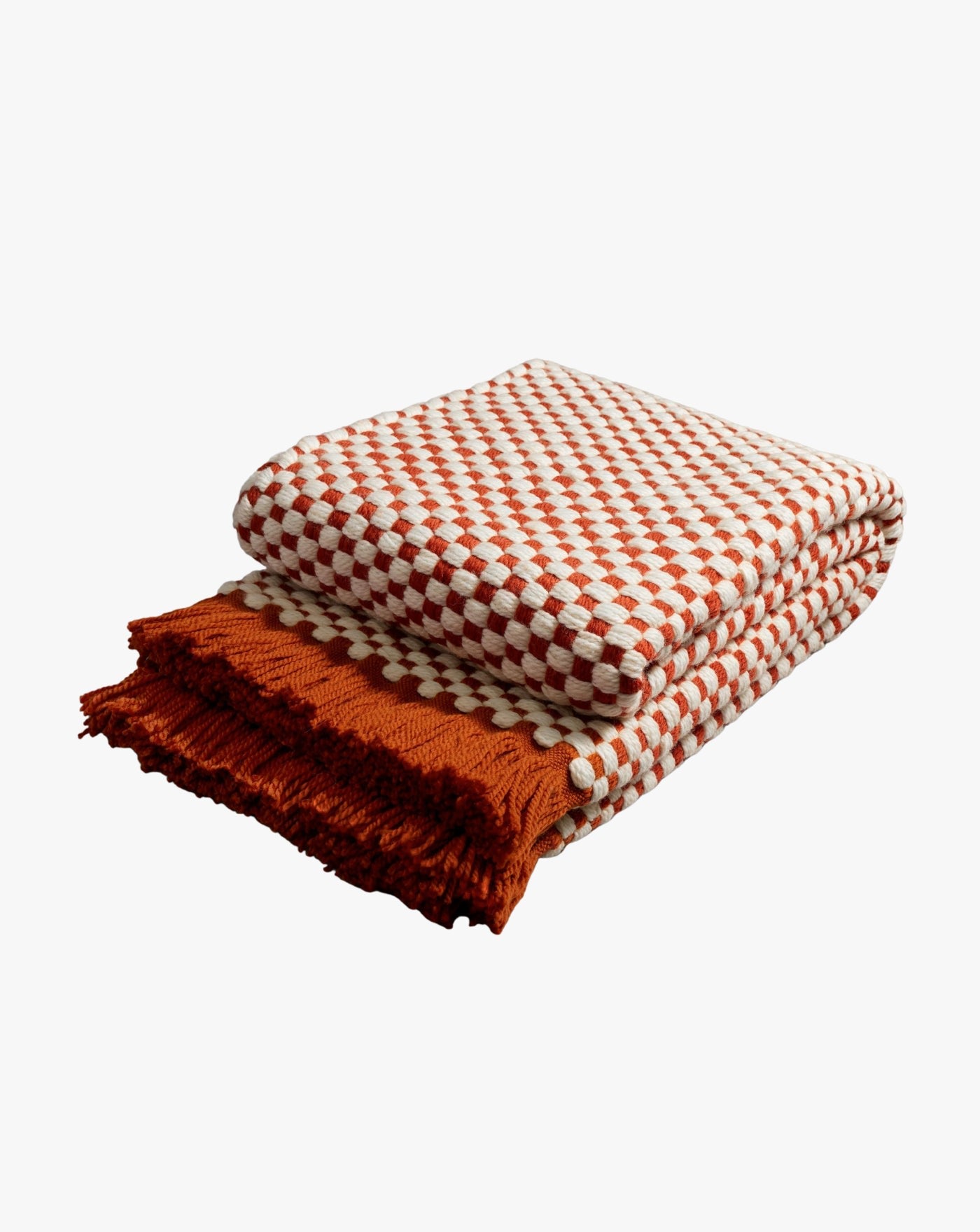 Damier Throw - Red — side view showing woven texture and fringe