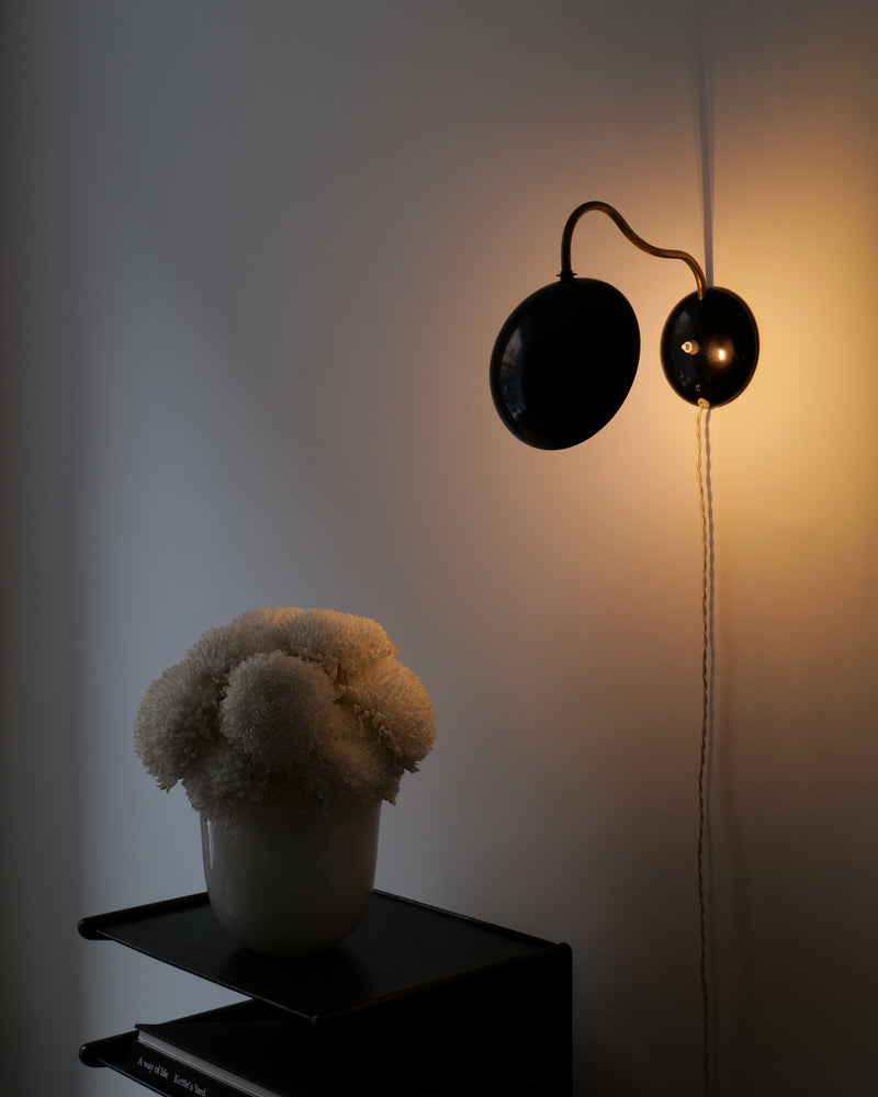 ASEA E1325 Collectible Lighting in Metal and Brass — close-up of black lamp against wall