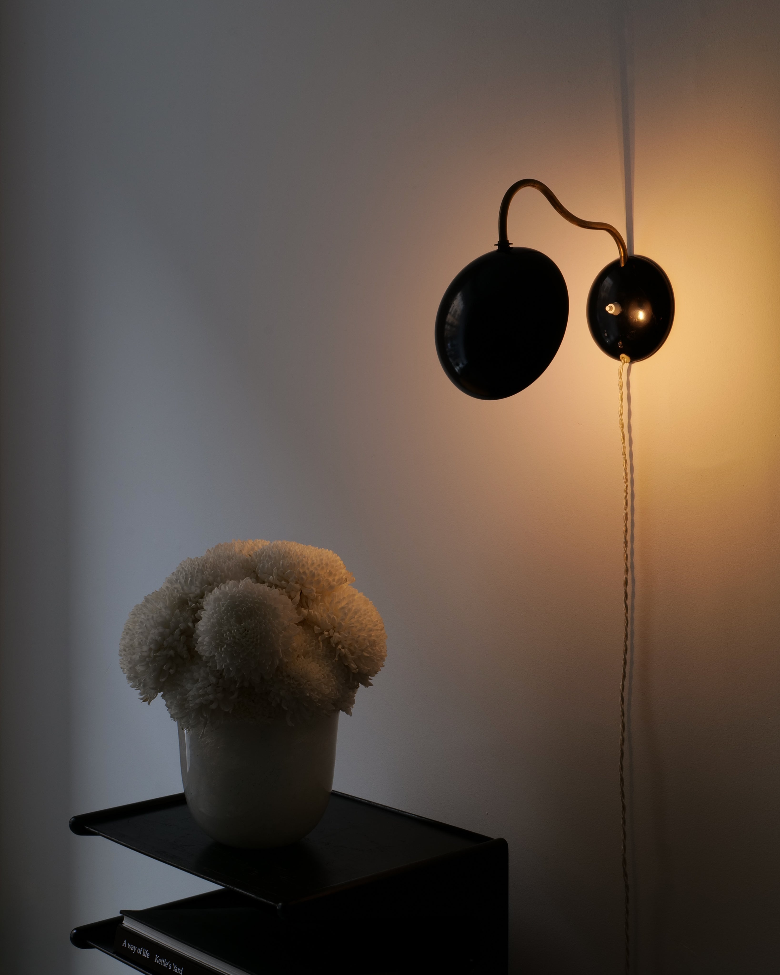 ASEA E1325 Collectible Lighting in Metal and Brass — close-up of black lamp against wall