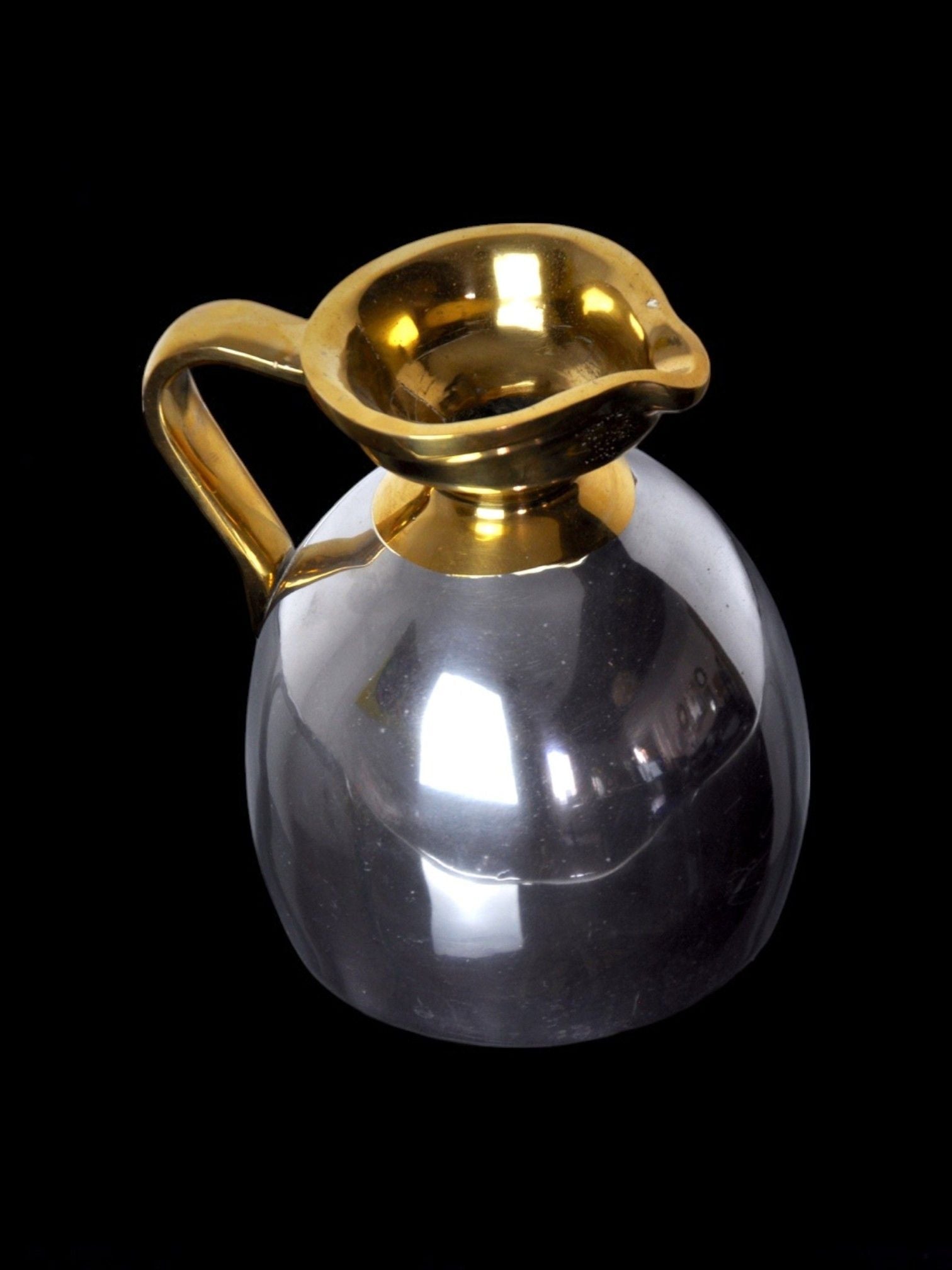Brutalist Jar by Art3, Spain, 1980 — side angle showing polished metal and gold handle