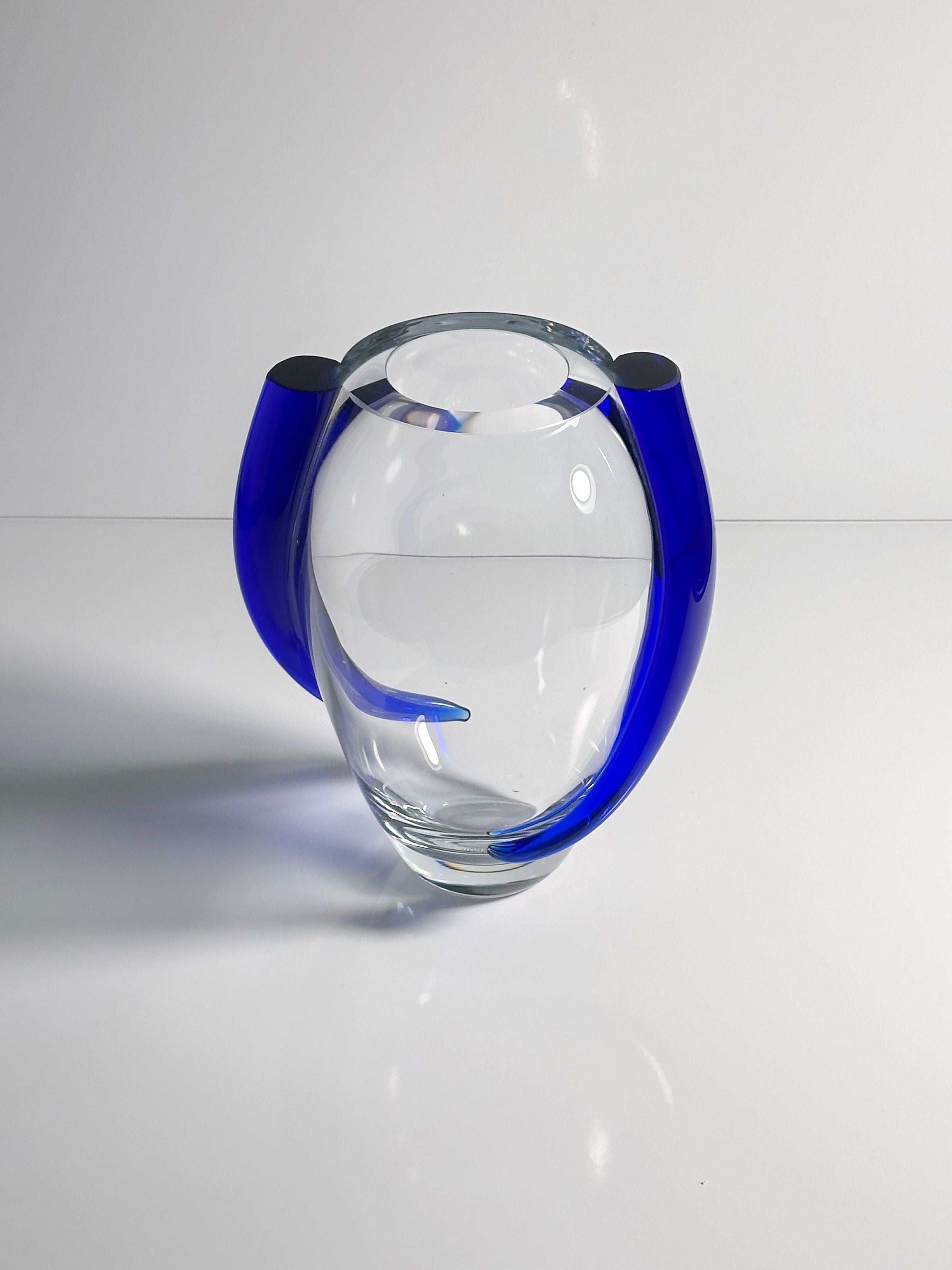 Clear crystal glass vase with cobalt blue curved handles by Krosno
