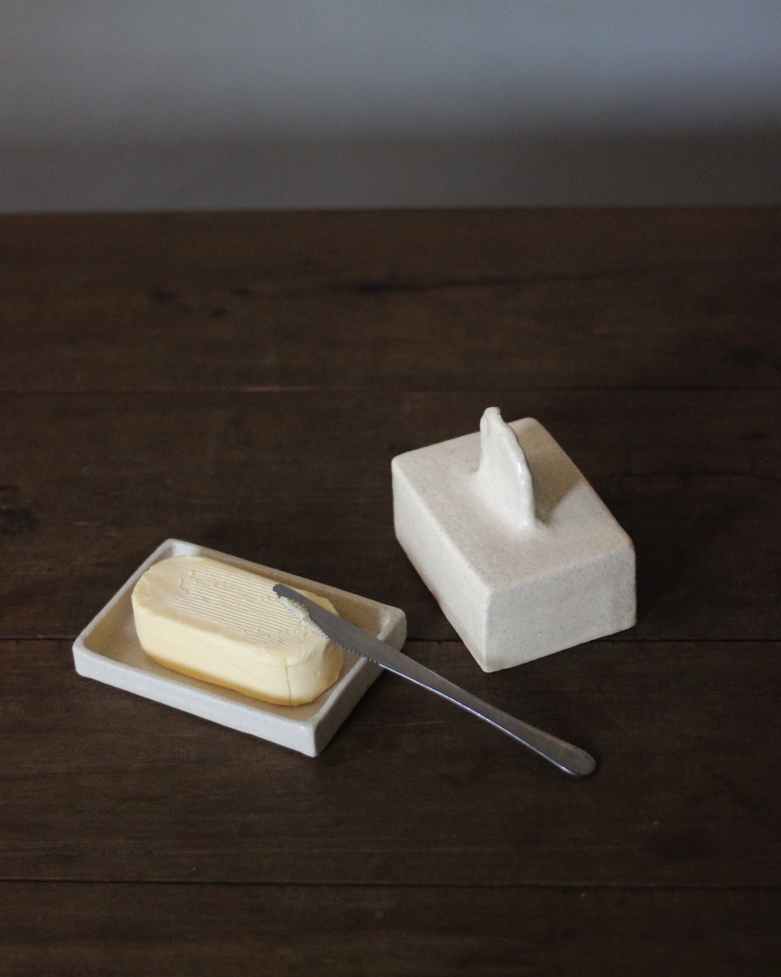 Stoneware butterdish — side angle