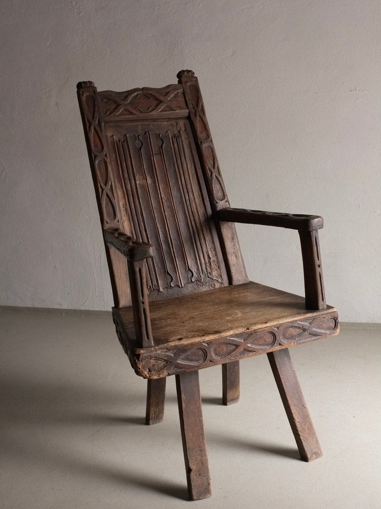 Antique Primitive Carved Oak Arm Chair, Belgium by Veter Vintage | The Oblist — handcrafted oak, rustic design