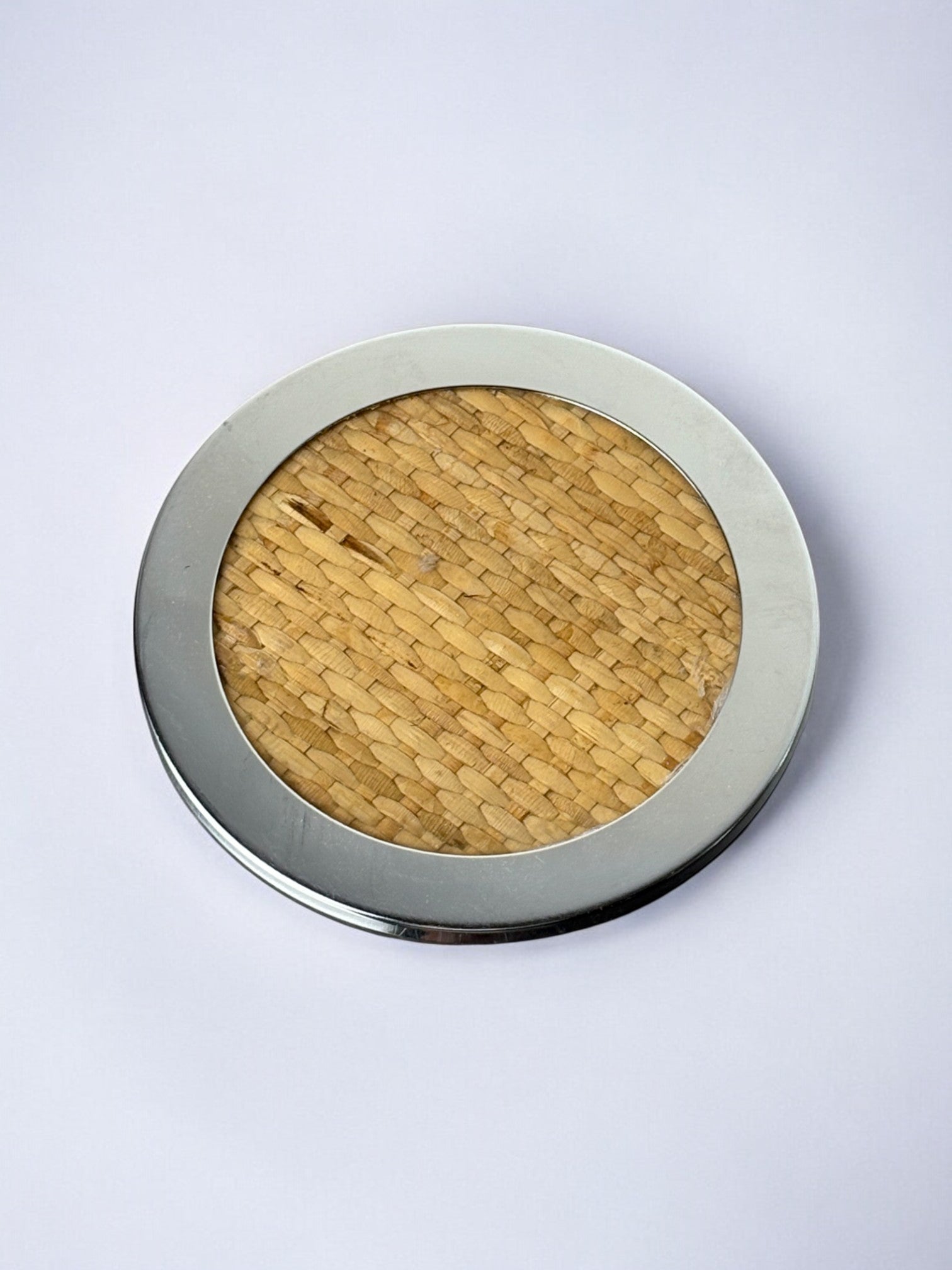 Christian Dior Style Lucite & Rattan Bottle Coaster, Italy, 1970's — top view showing woven rattan and silver edge