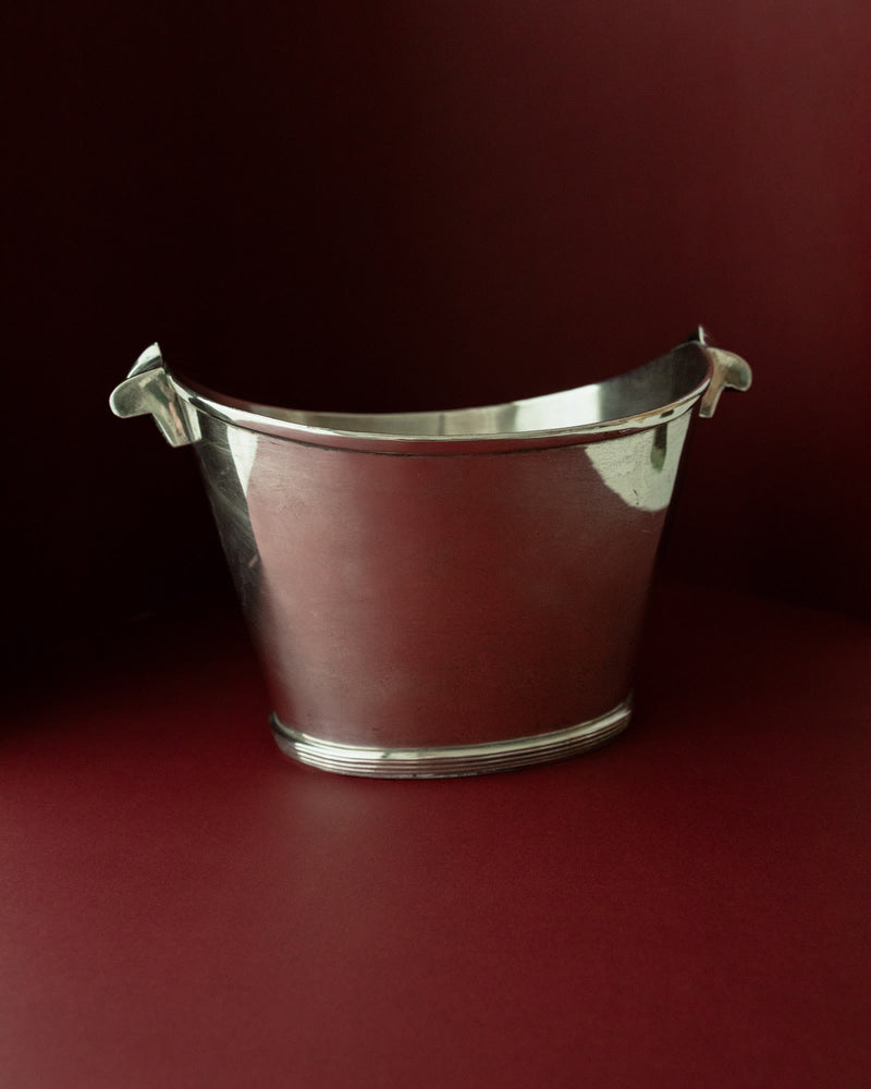 Vintage 1940s Silver Plated Champagne Cooler, Classic Form for Wine or Drinks — close-up of polished silver surface against b