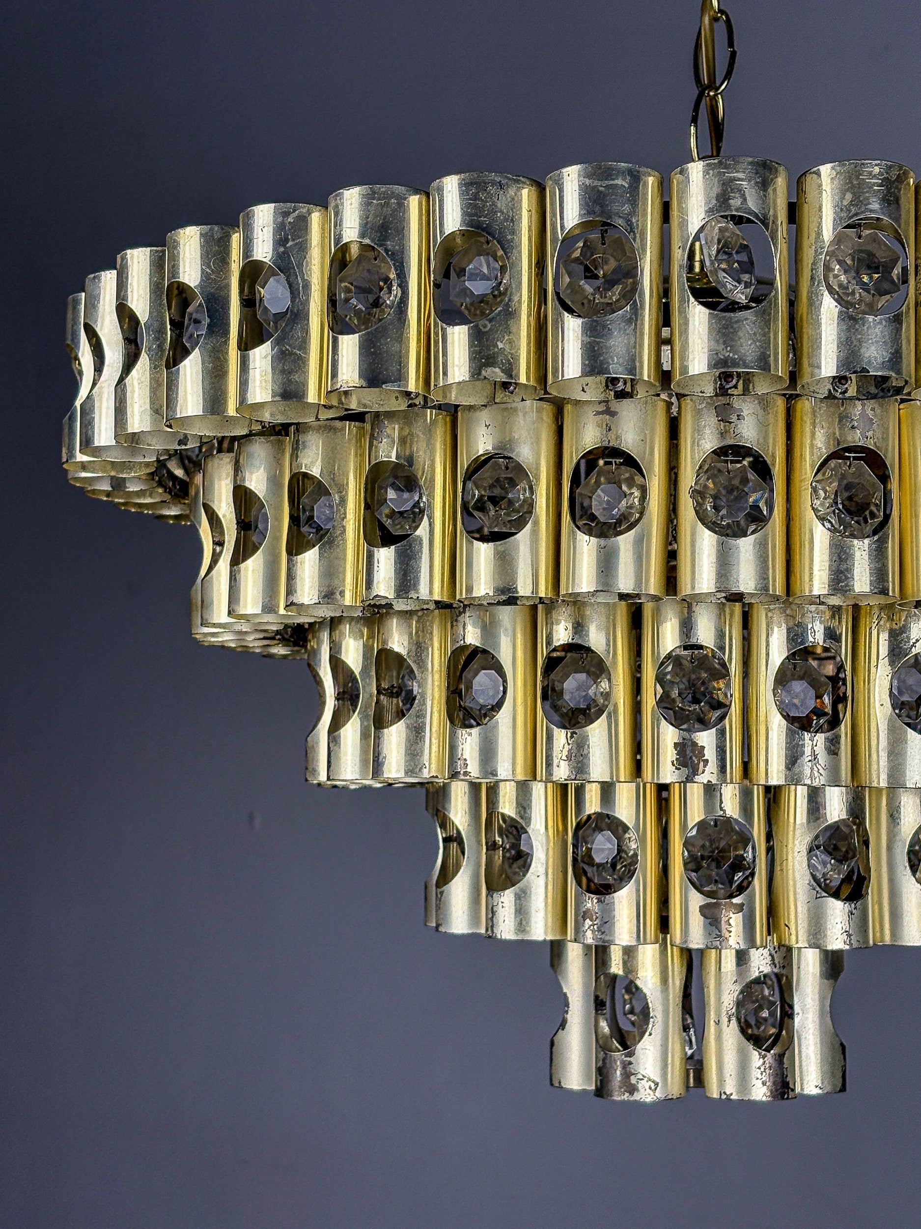 Gaetano Sciolari 5-Tier chandelier, brass & crystal, Italy, 1970s — alternate view