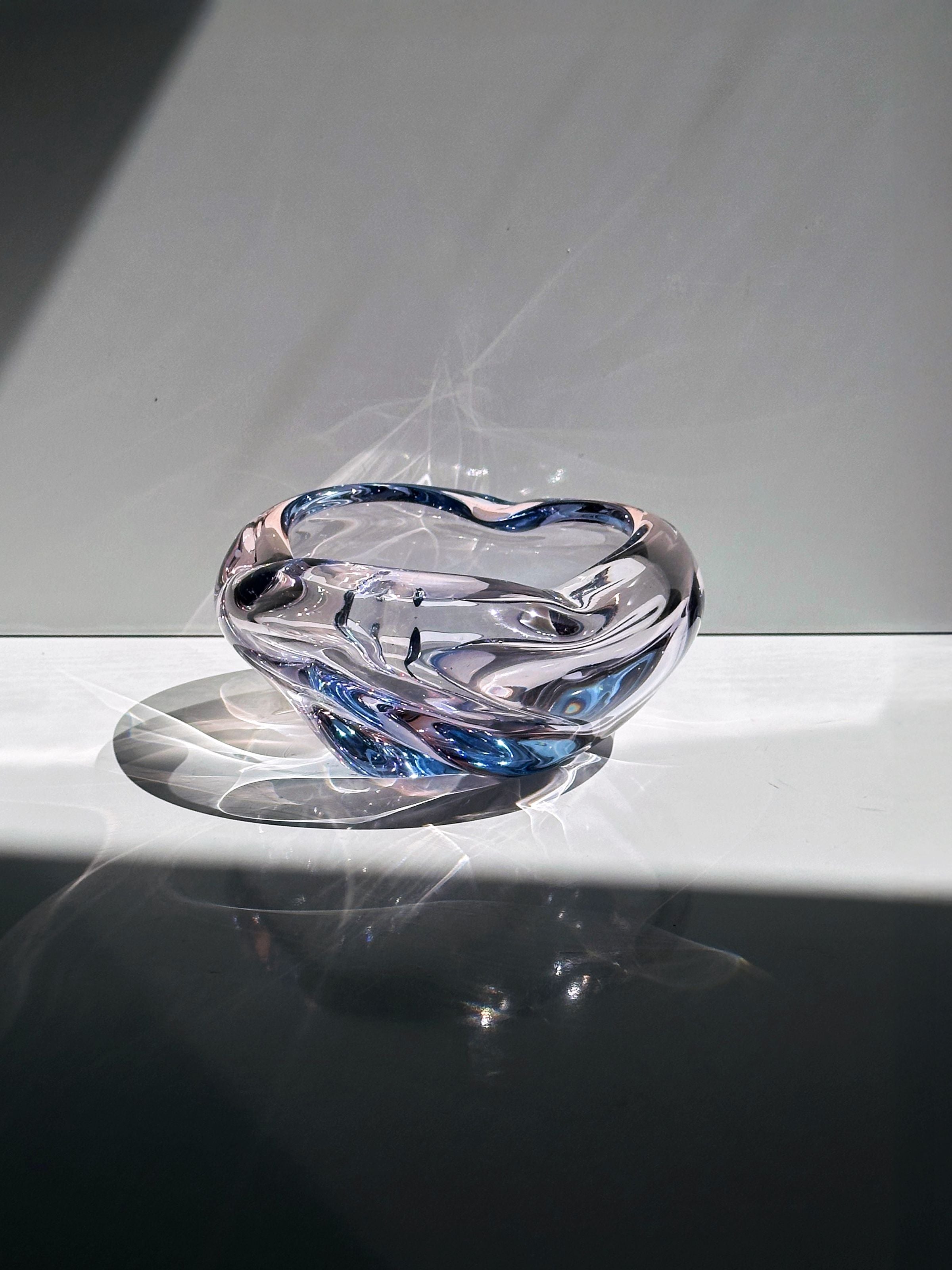 Clear glass vide-poche bowl with blue swirls by Jaroslav Beranek