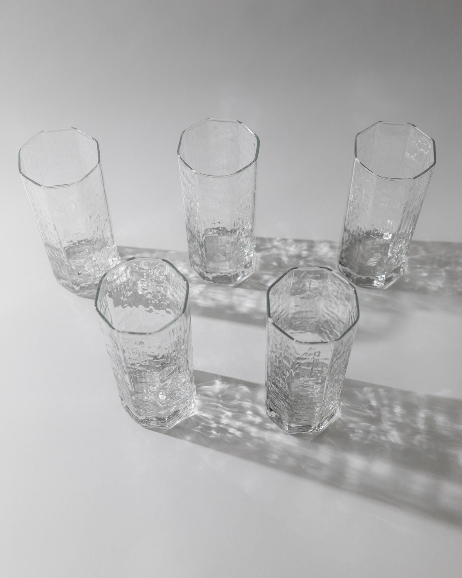 1970s Drinking Glasses Set of 5 by Luminarc — angled view showing clear glass texture