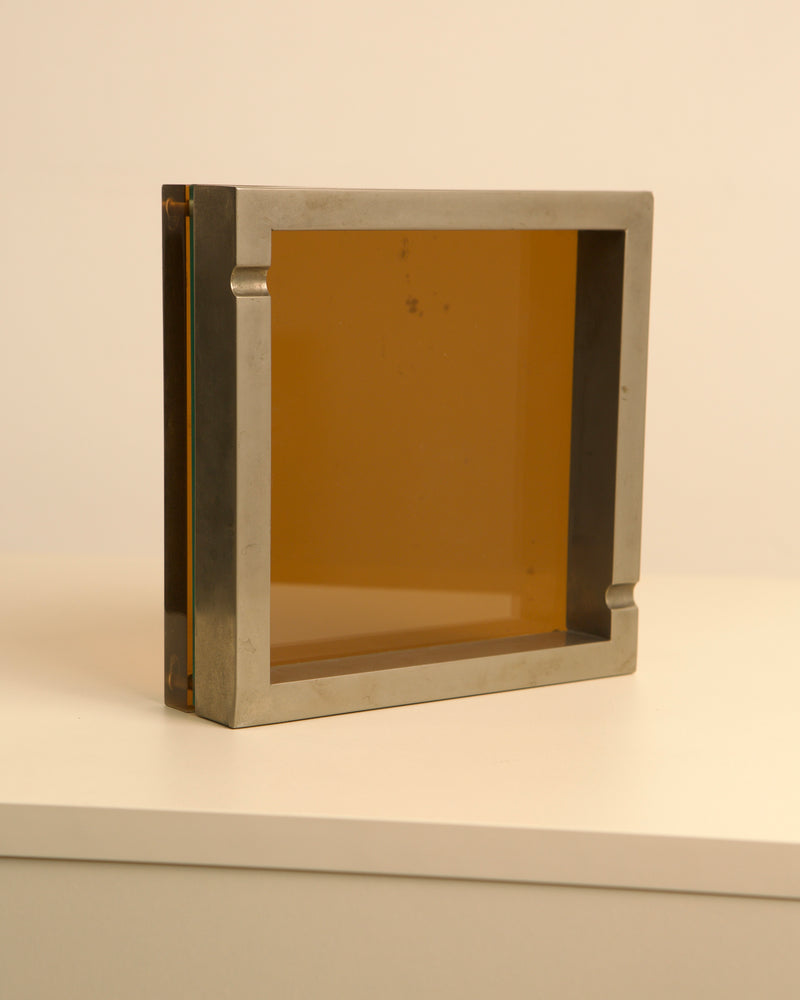 Square metal frame ashtray with amber glass insert, 1970s Italian design