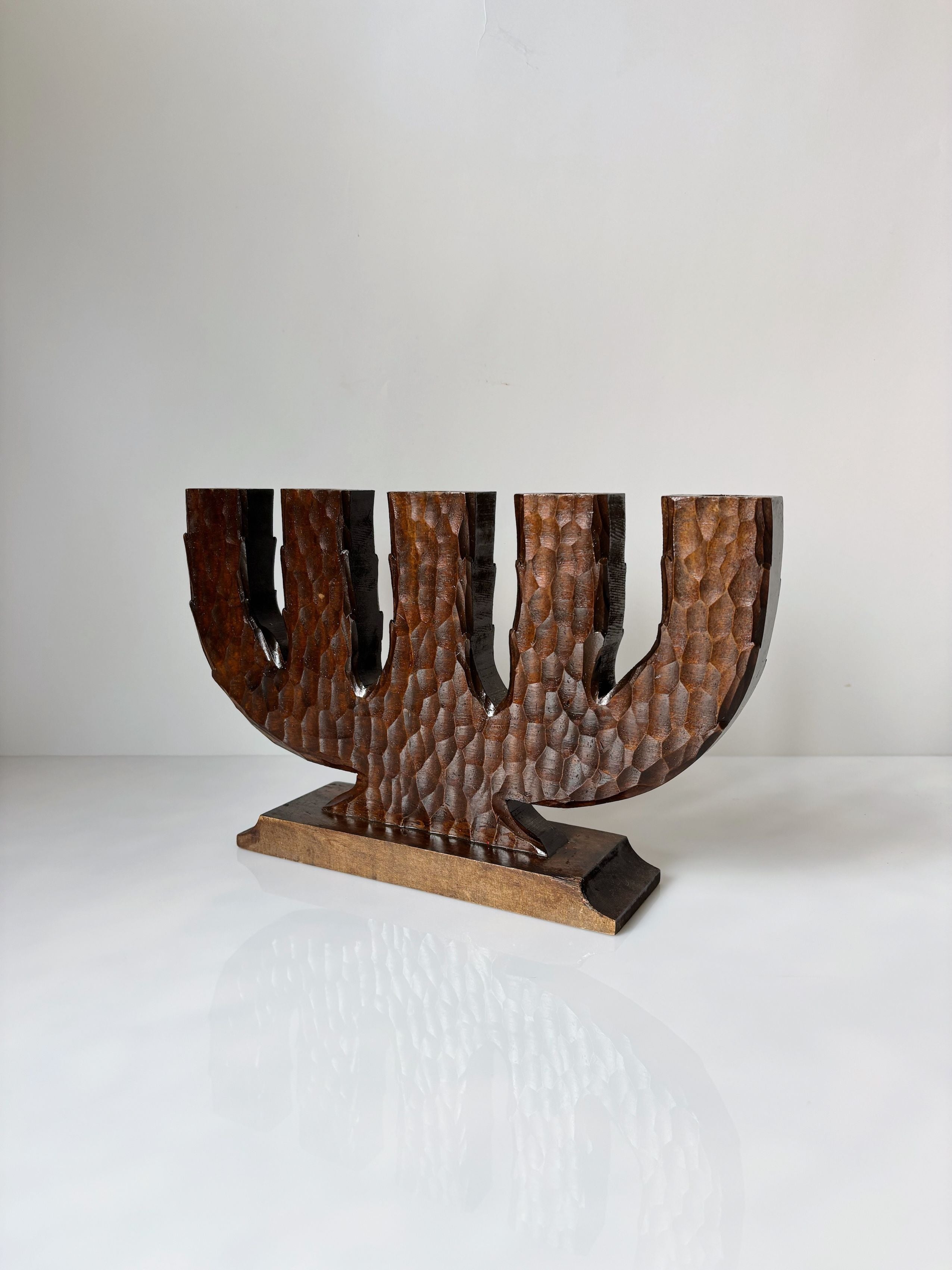 Handcarved Wooden 5 Arm Candelabra, Sweden — side angle showing textured wood grain
